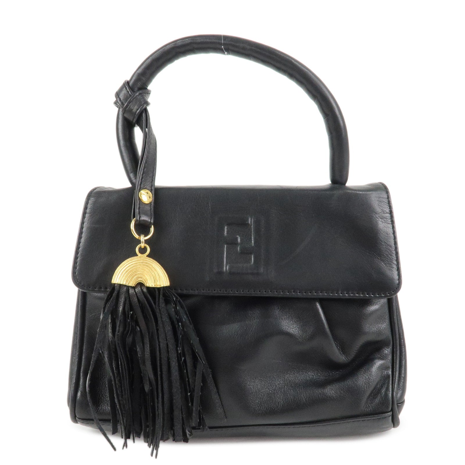 FENDI Leather Hand Bag Tassel Charm Gold Hardware Black Used