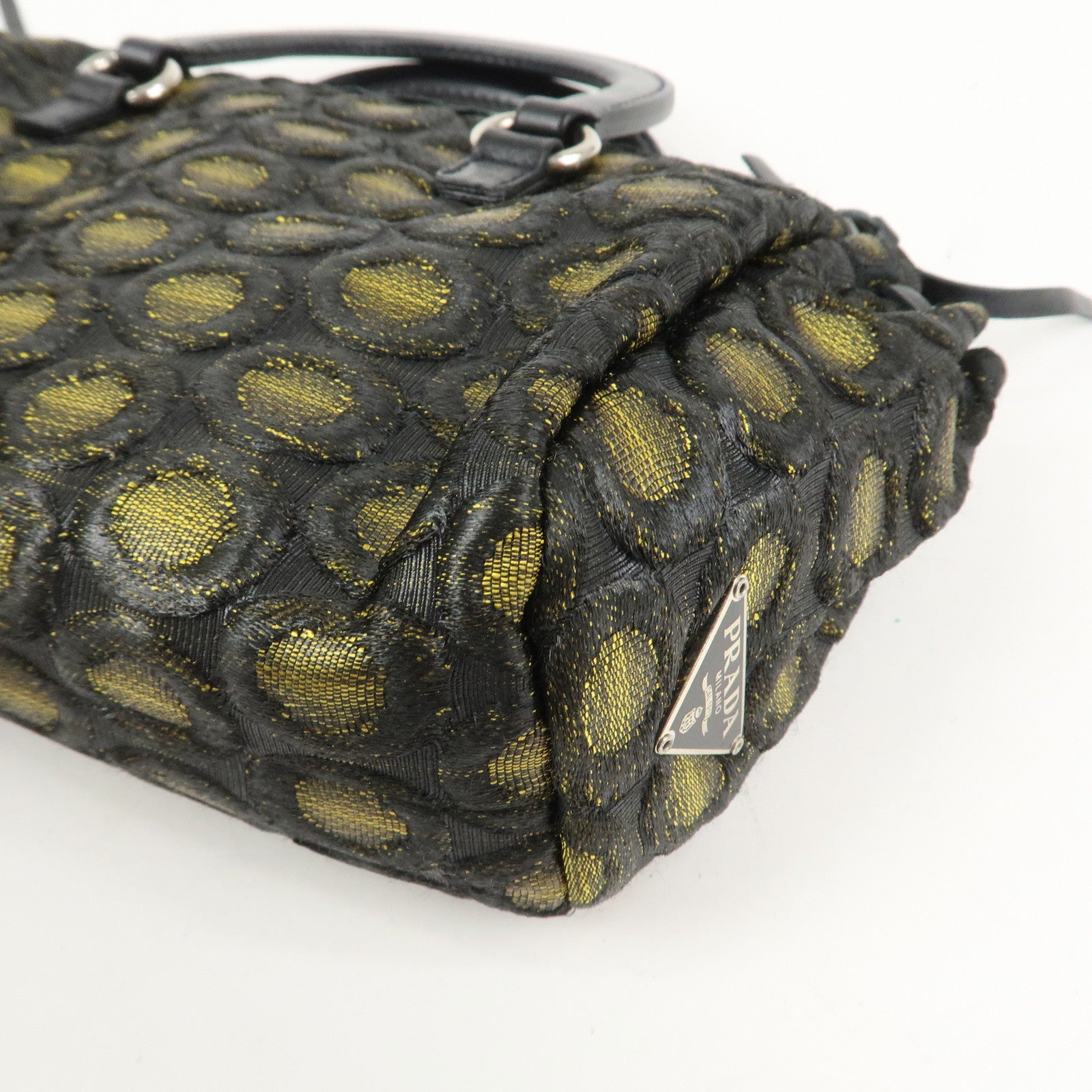 PRADA Triangle Logo Nylon Leather Ribbon Hand Bag Black Yellow
