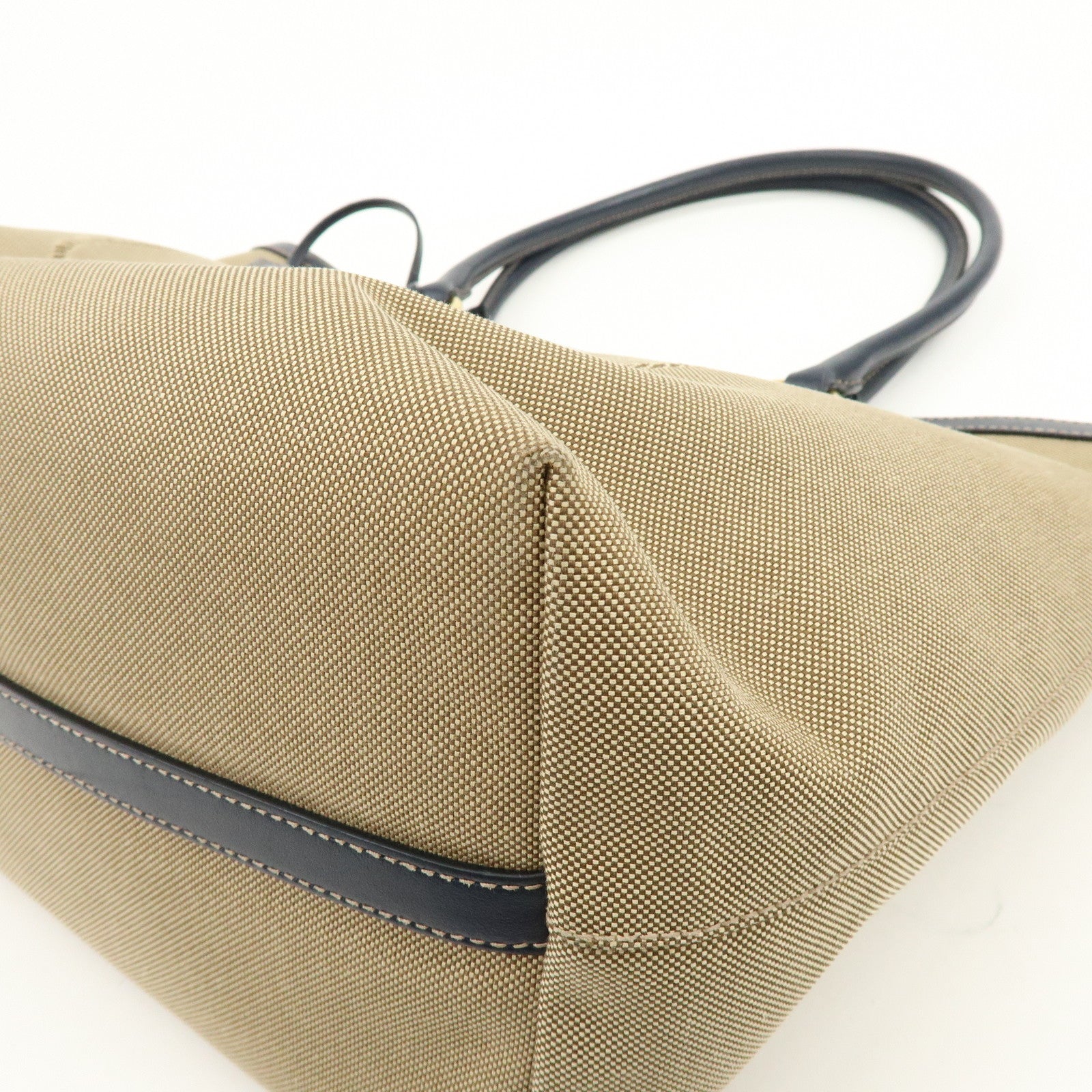 PRADA Logo Jacquard Leather Tote Bag Hand Bag Beige Navy