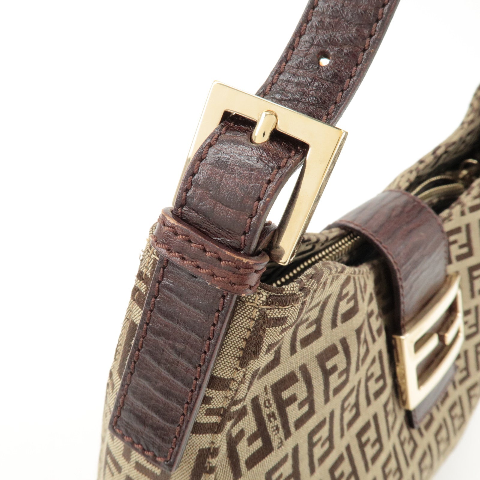 FENDI Zucchino Canvas Leather Shoulder Bag Beige Brown 8BR036 Used