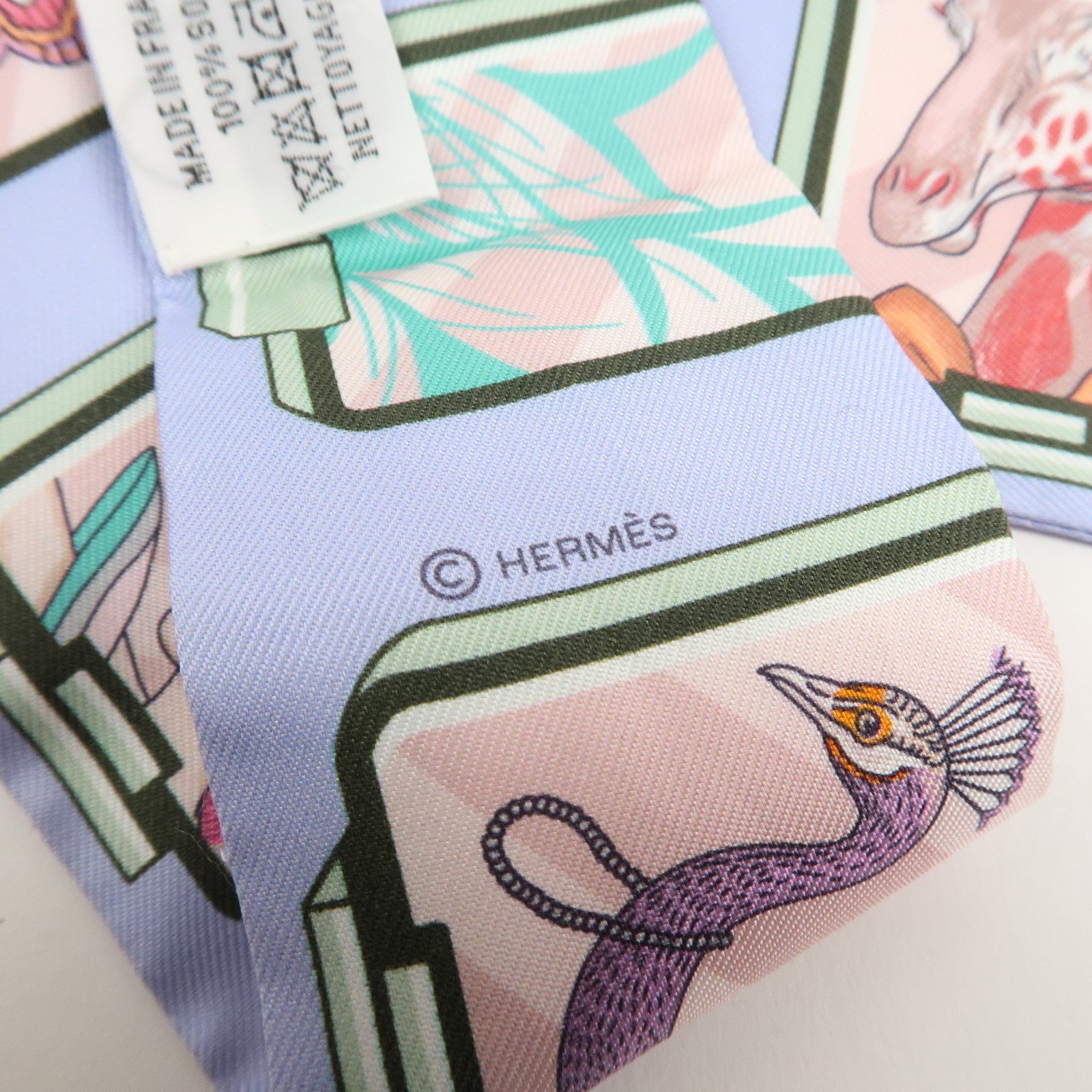 HERMES Twilly Silk 100% HERMES STORY Scarf Light Blue
