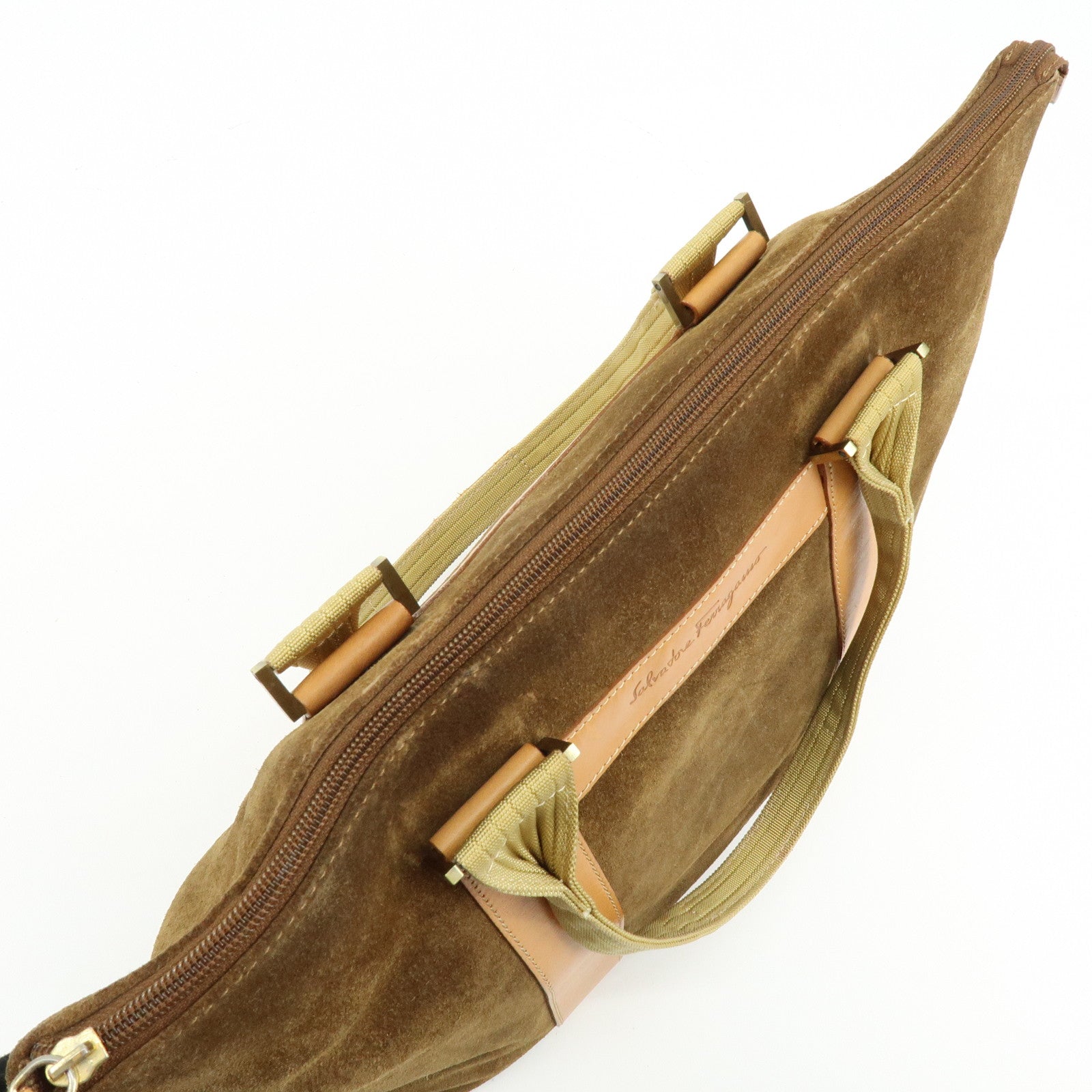 Ferragamo Suede Leather Tote Bag Shoulder Bag Hand Bag Brown