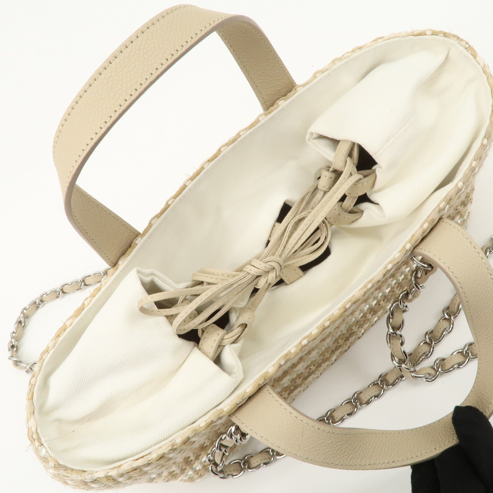 CHANEL Lether Raffia 2Way Bag Shoulder Bag Hand Bag Beige