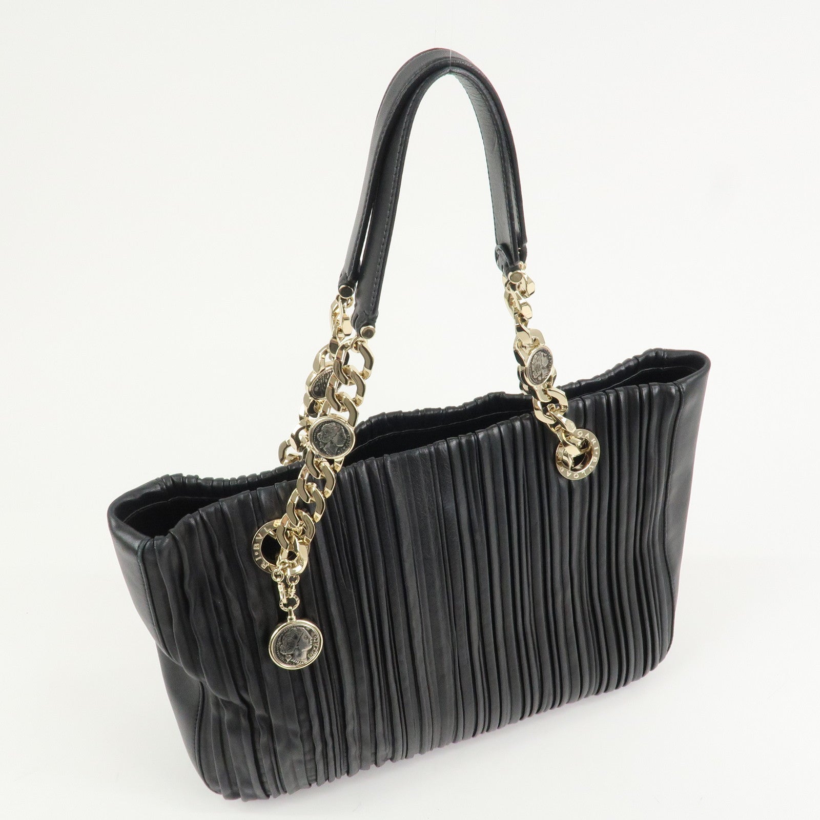 BVLGARI Monete Nappa Plisse Chain Shoulder Bag Tote Bag Black