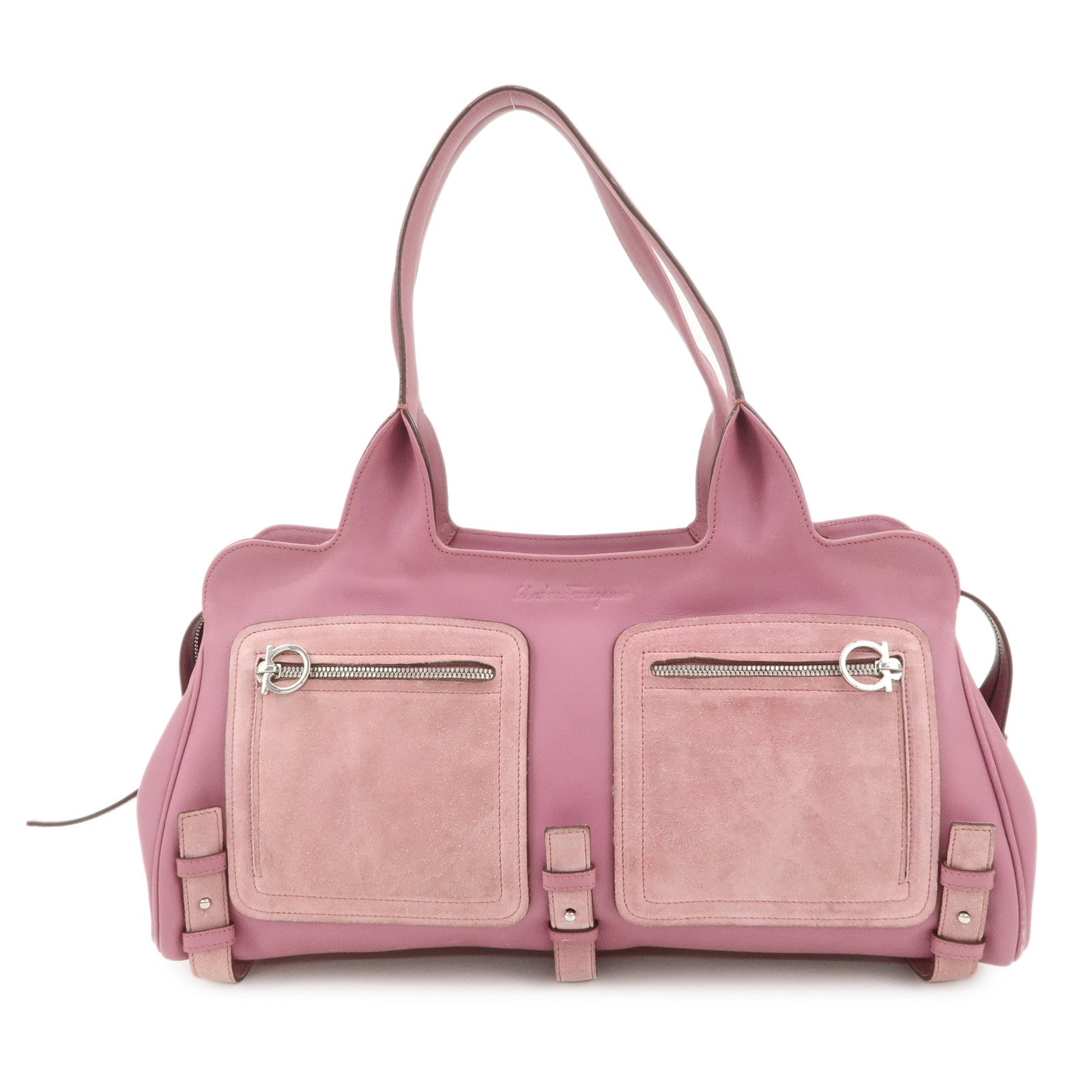 Ferragamo Gancini Leather Suede Shoulder Bag Hand Bag Pink