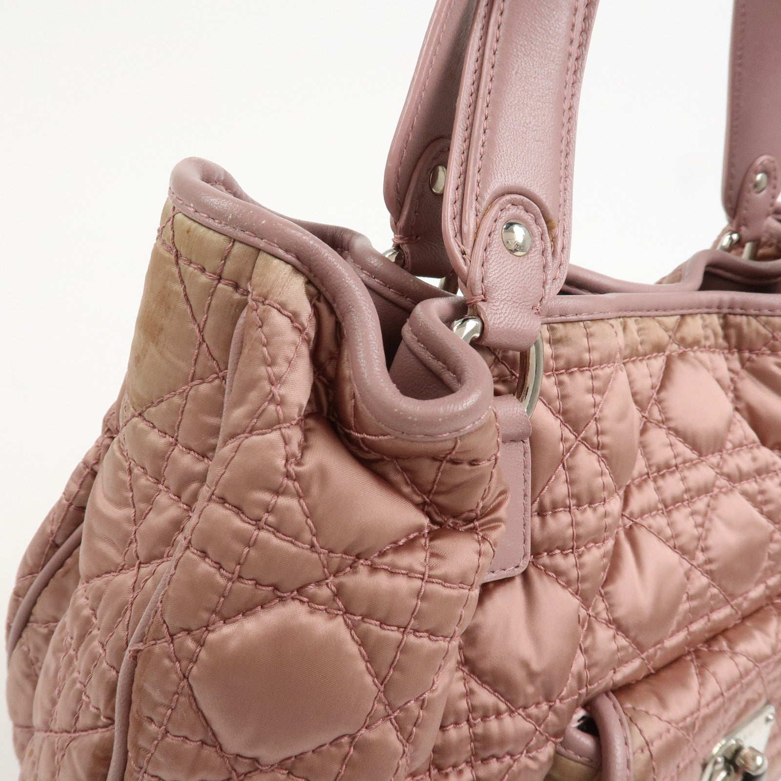 Christian Dior Cannage Nylon Leather Hand Bag Tote Bag Pink