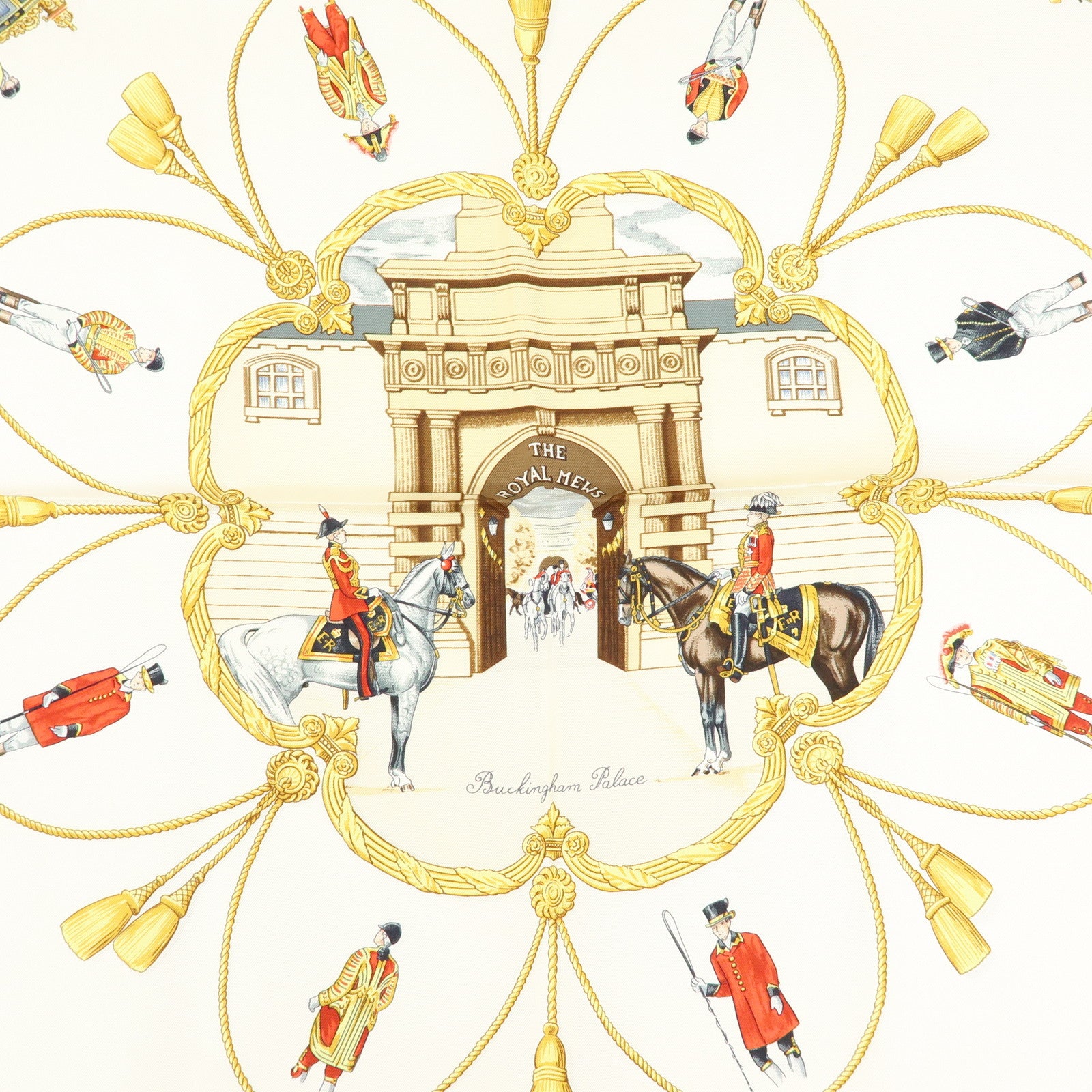 HERMES Carre 90 Silk 100% Scarf THE ROYAL MEWS Black White