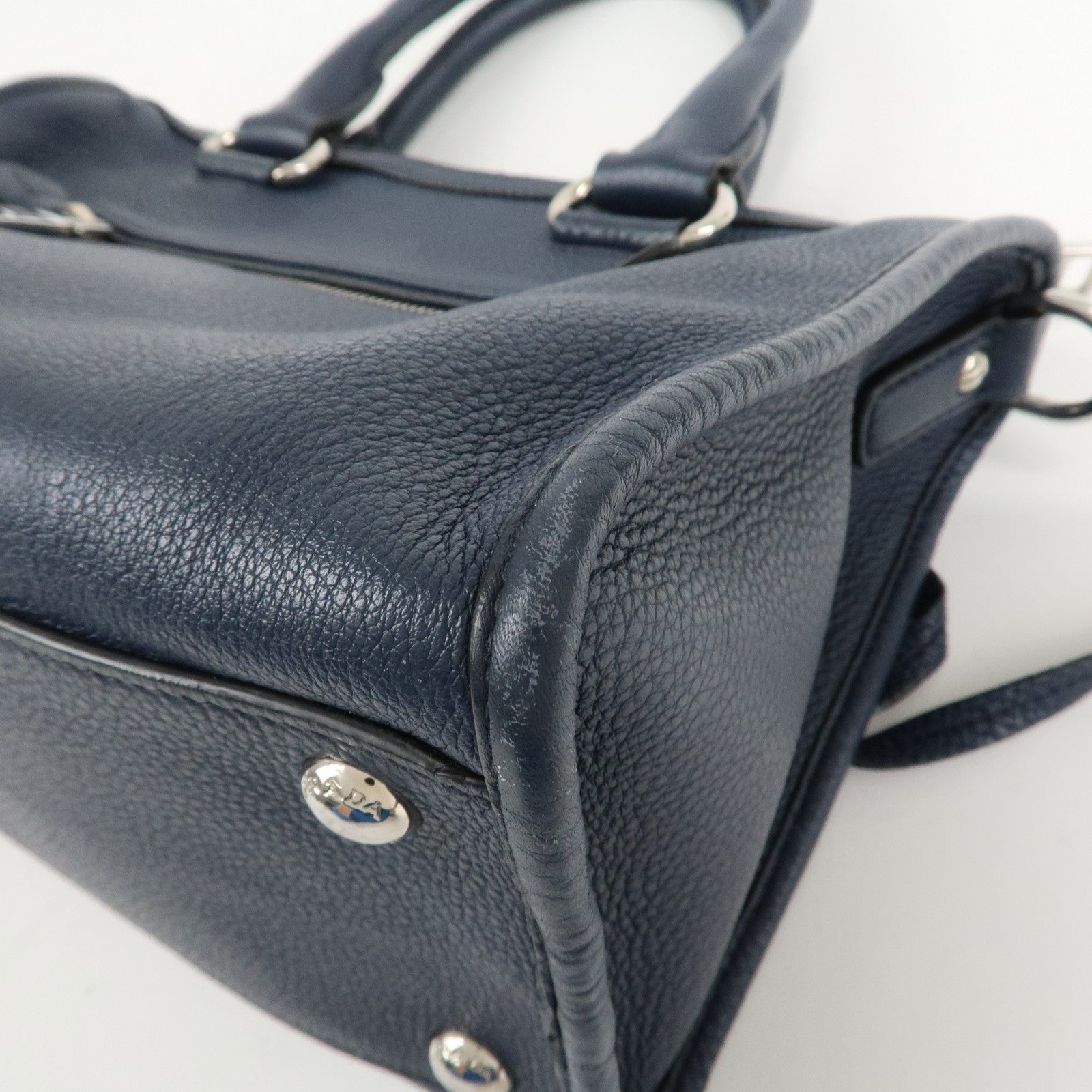 PRADA Logo Leather Vitello Phenix 2WAY Bag Hand Bag Navy 1BB022