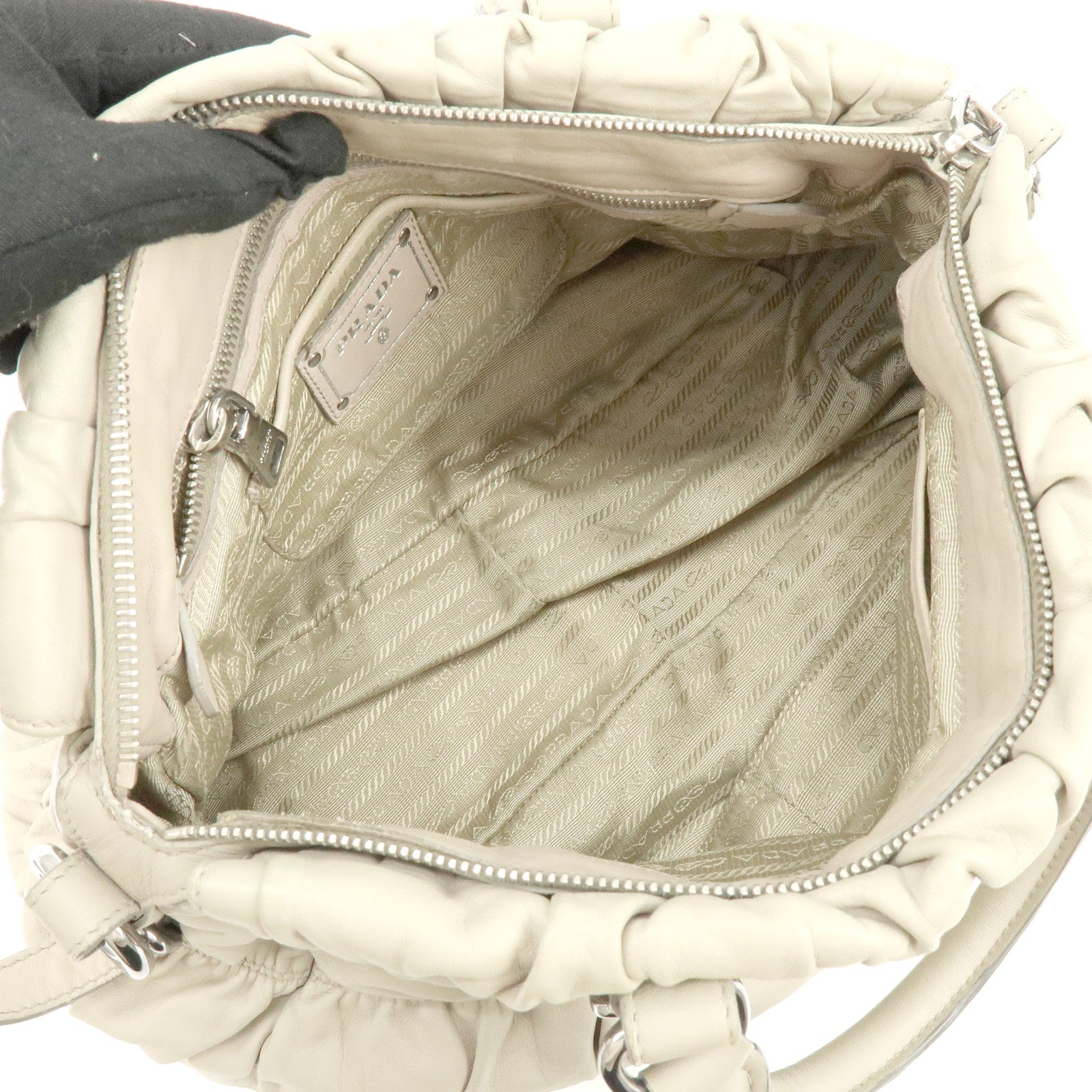 PRADA Leather 2Way Bag Hand Bag Shoulder Bag Beige