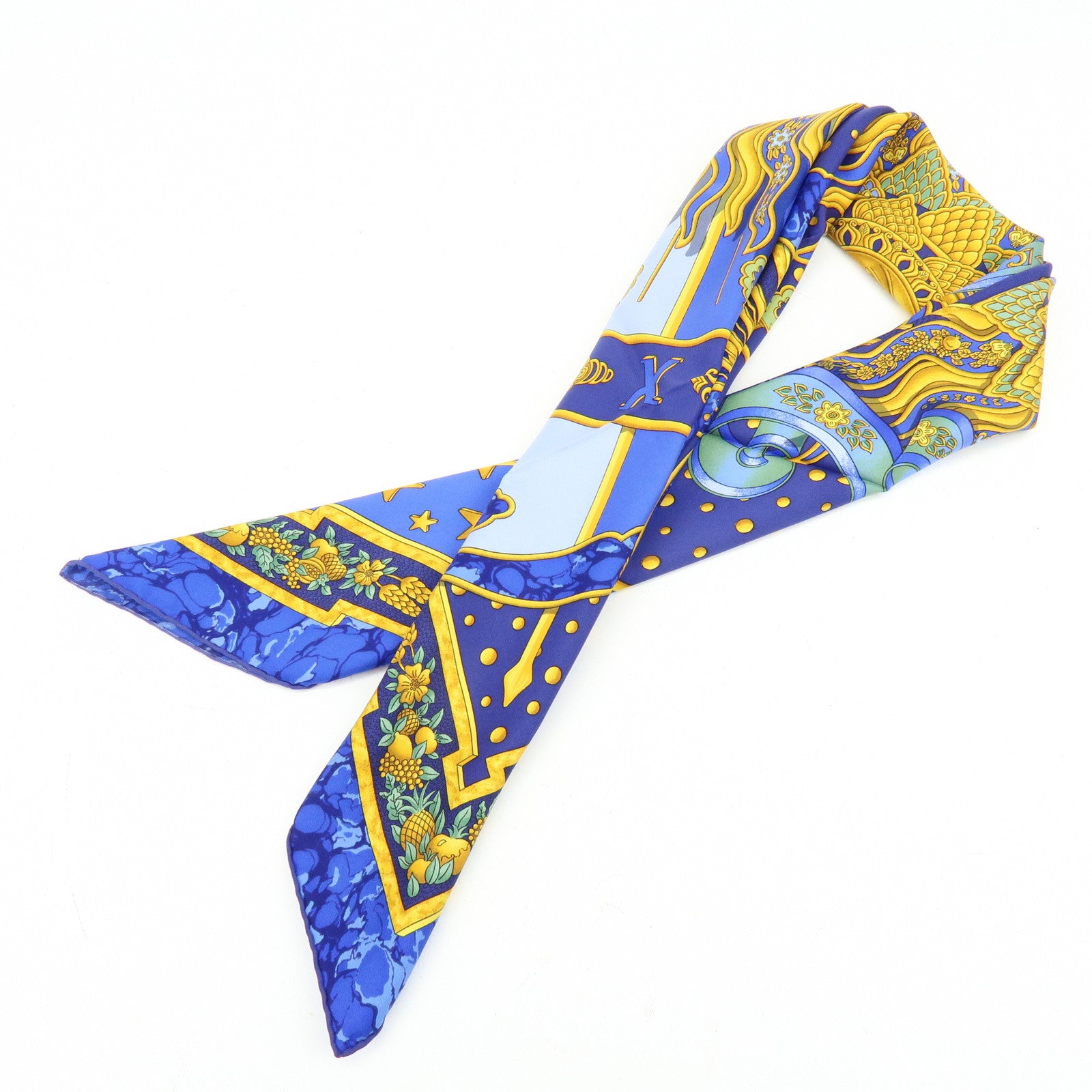 HERMES Carre 90 Silk 100% Scarf CARPE DIEM Blue Gold