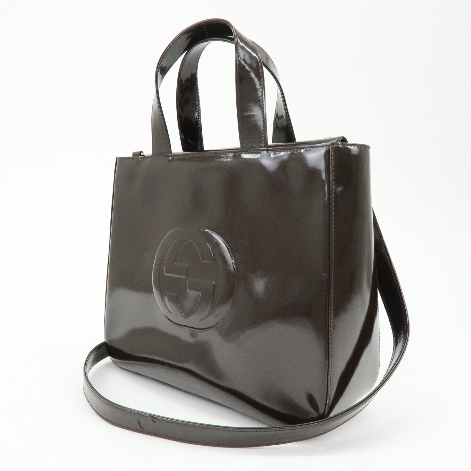 GUCCI Interlocking G Patent Leather 2Way Bag Dark Brown 000・2058