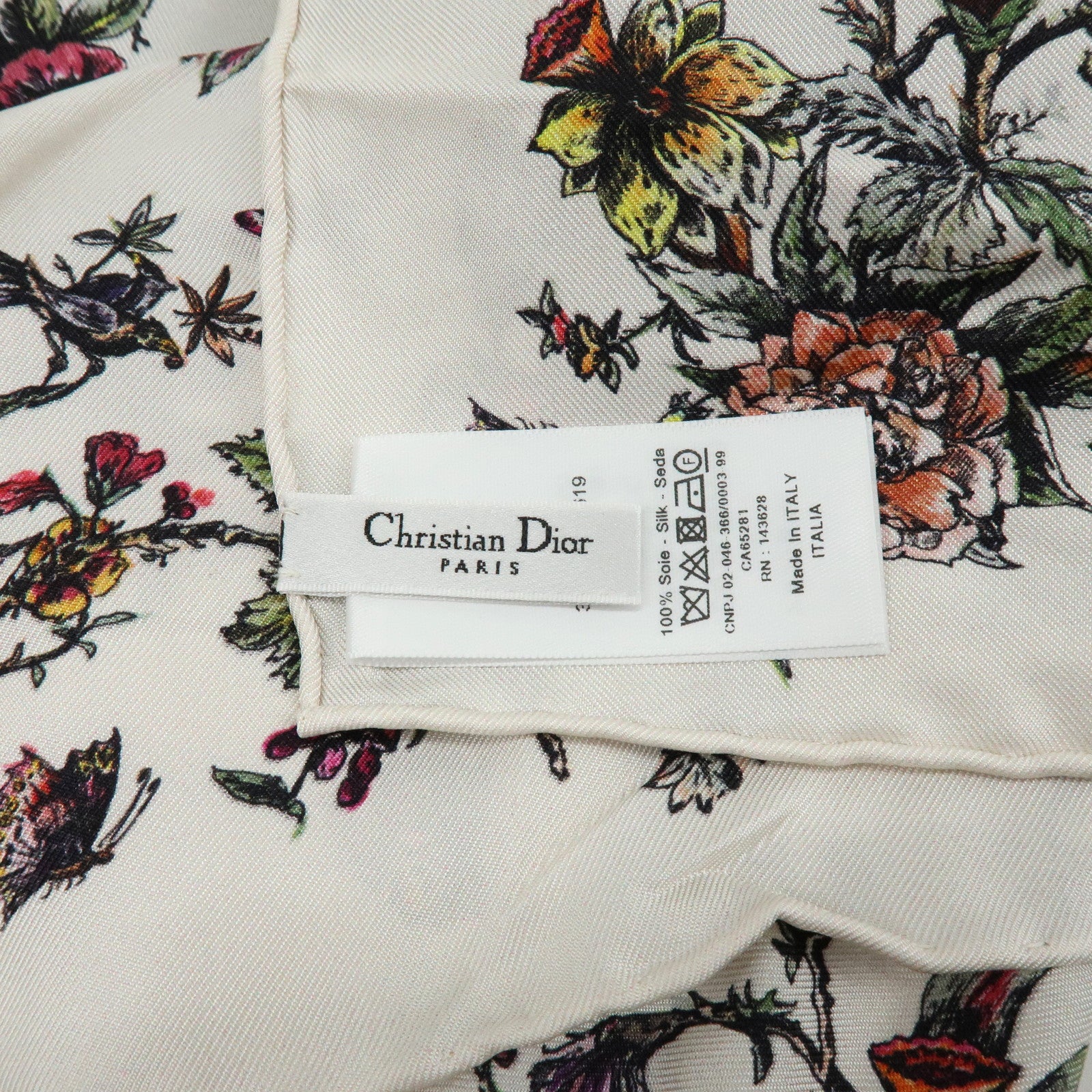 Christian Dior Flower Motif Silk 100% Scarf Ivory Multicolor