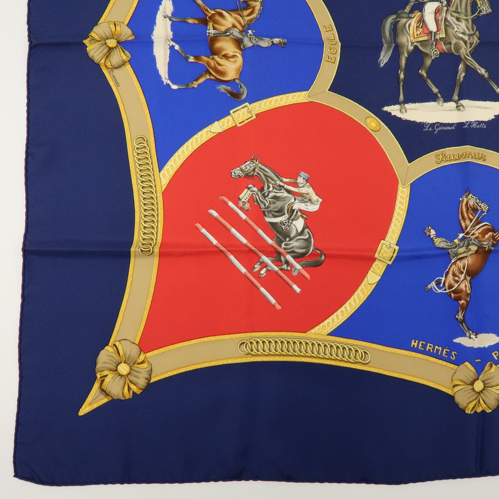 HERMES Carre 90 Silk 100% Scarf Le General LA Hotte Navy Red Blue