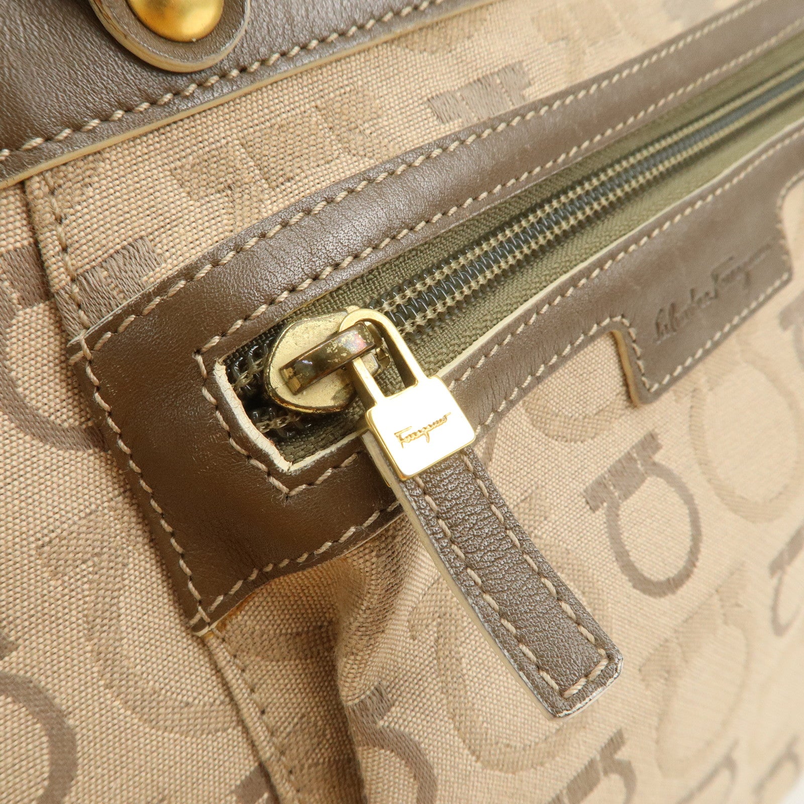 Ferragamo Gancini Canvas Leather Shoulder Bag Tote Bag Brown