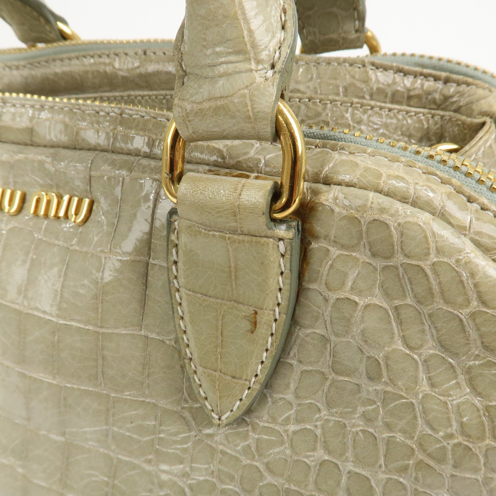 MIU MIU Logo Embossed Leather 2Way Bag Hand Bag Shoulder Bag Beige
