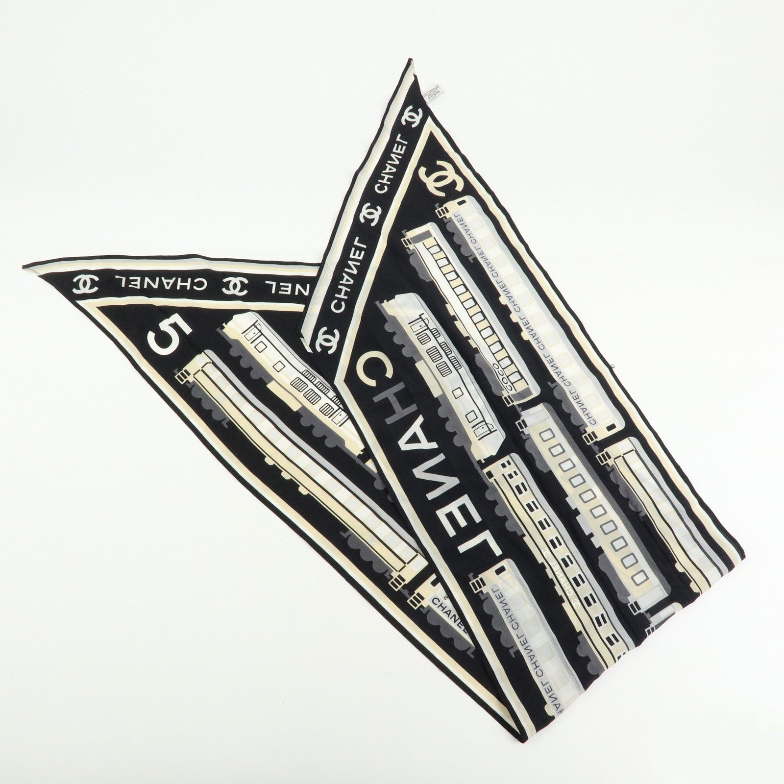 CHANEL COCO Mark Silk100% Train Scarf Shawl Black