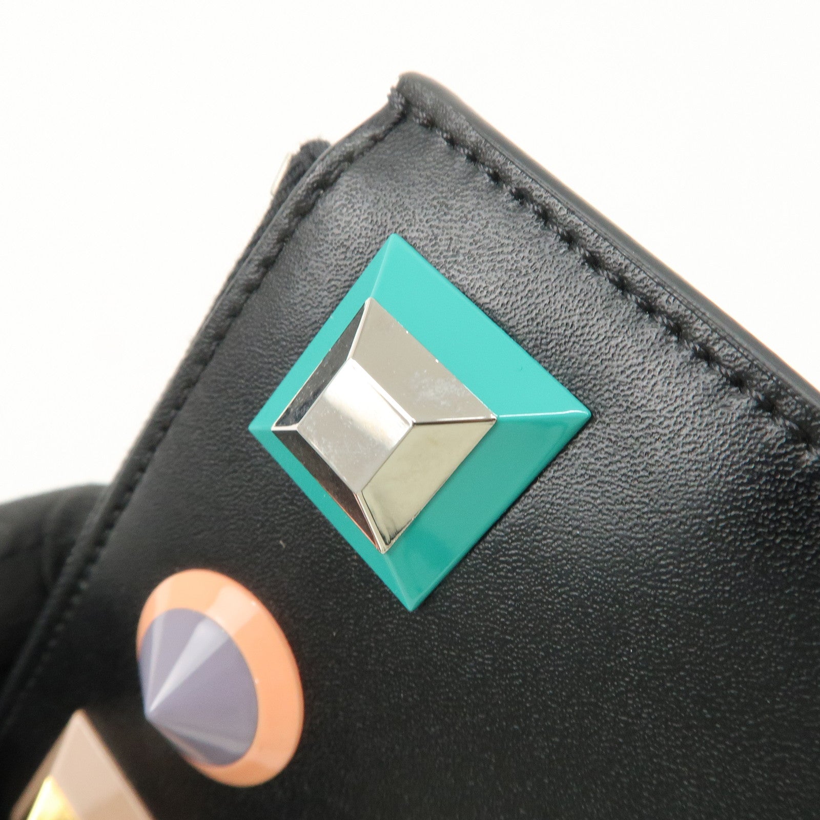 FENDI Logo Leather Studs Coin Purse Coin Case Black 8AP151 Used