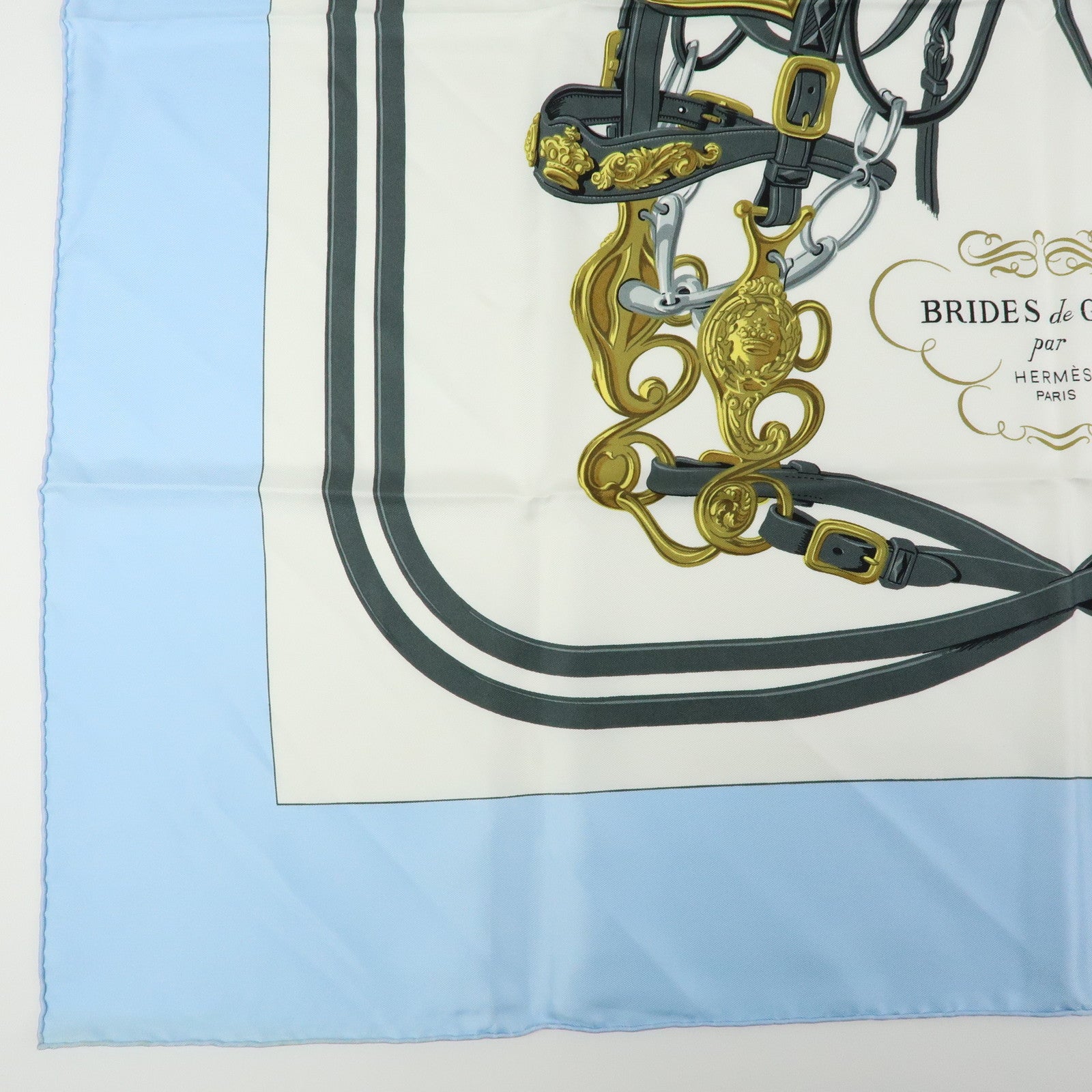 HERMES Carre 90 Silk 100% Scarf Brides de Gala Gray Light Blue Gold