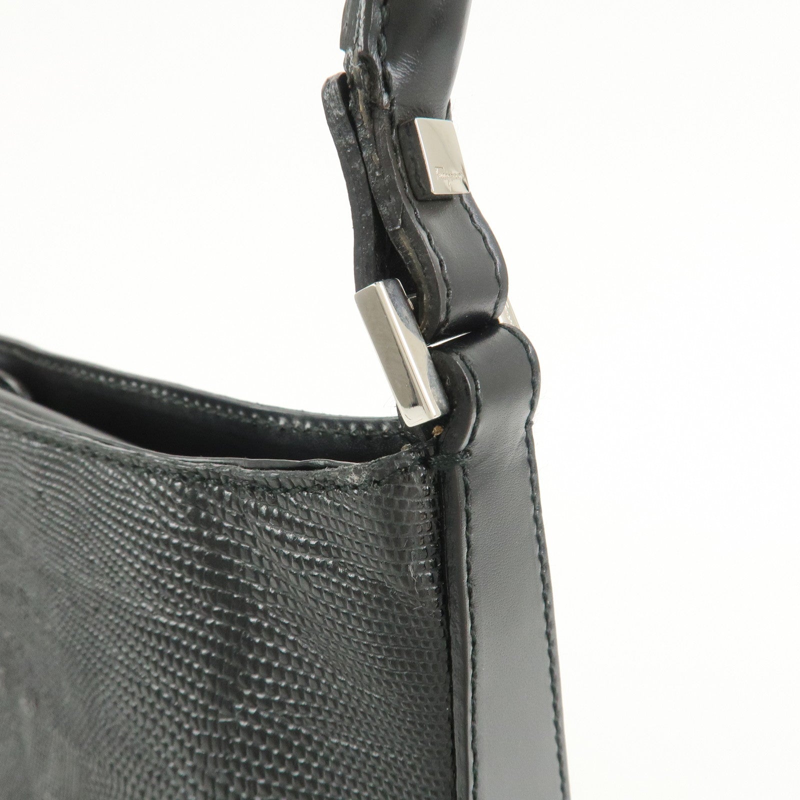 Ferragamo Embossed Leather Shoulder Bag Hand Bag Black