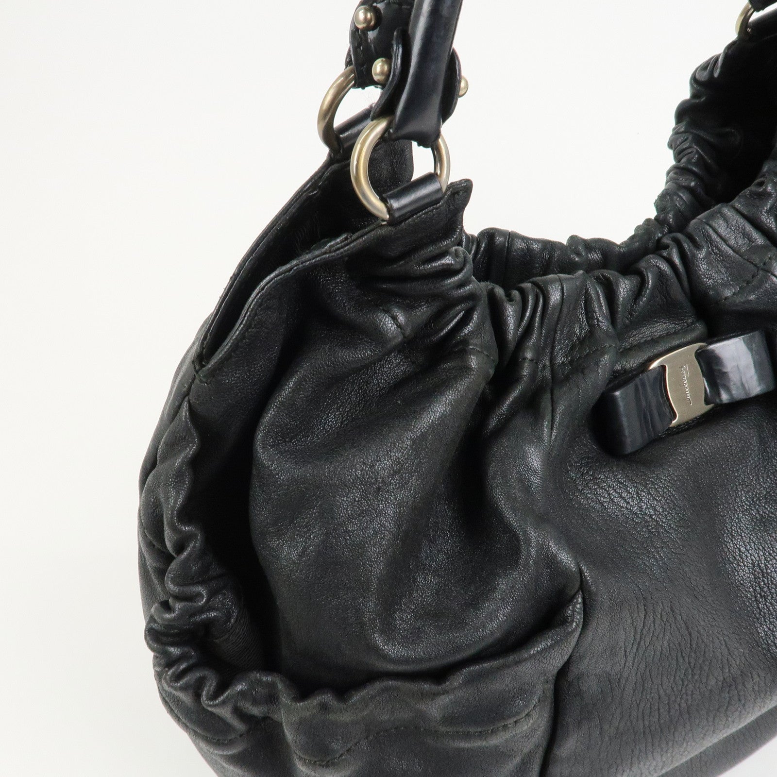 Ferragamo Leather Patent Leather Shoulder Bag Hand Bag Black