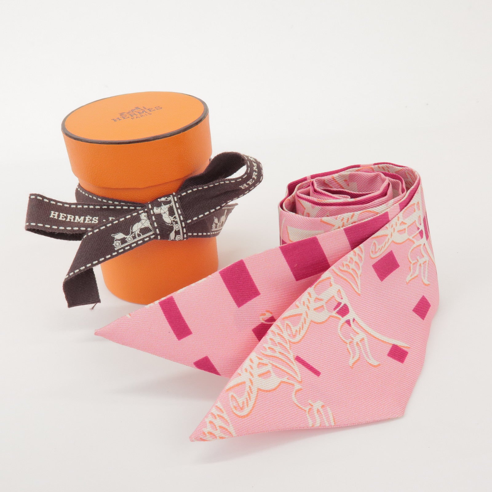 HERMES Twilly 100% Silk Scarf GINZA Logo Motif Pink White