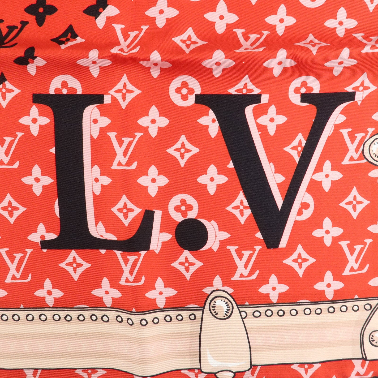 Louis Vuitton Monogram Carre Animal Silk 100% Scarf Red Beige M70693 Used
