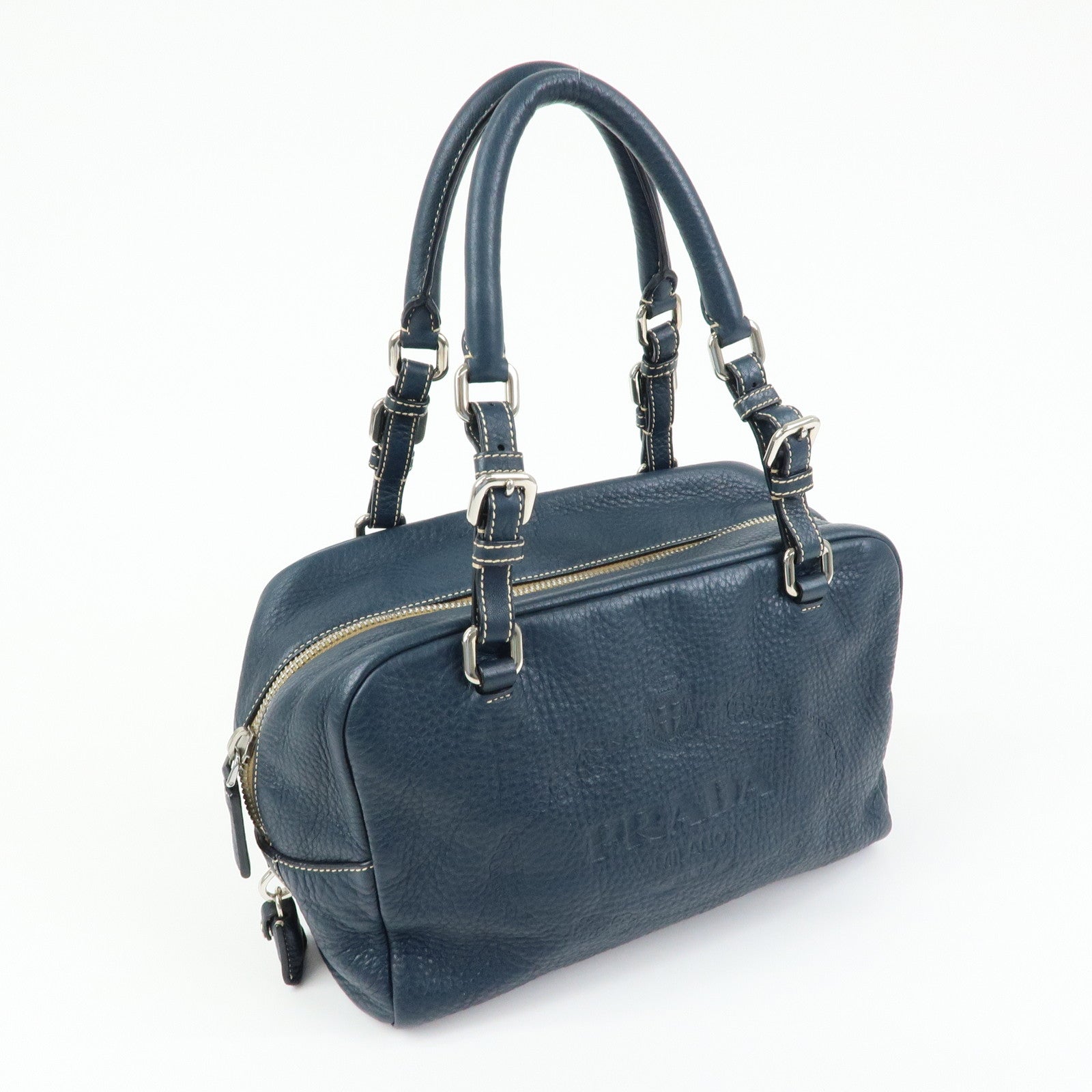 PRADA Calf Leather Boston Bag Shoulder Bag Hand Bag Navy BR3091