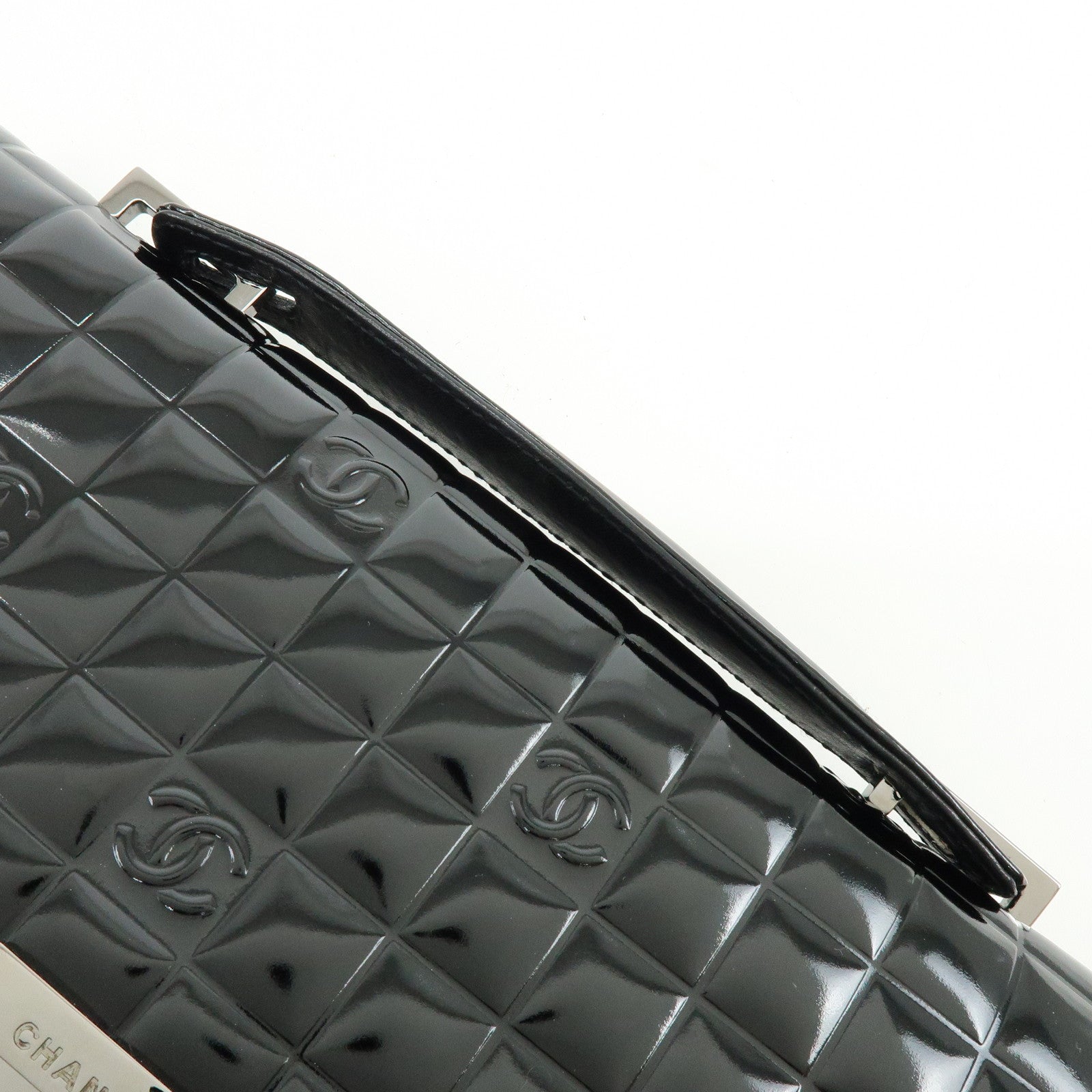CHANEL Chocolate Bar COCO Mark Patent Leather Hand Bag Black