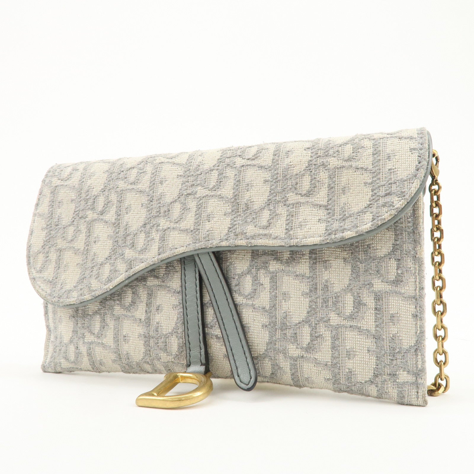 Christian Dior Oblique Jacquard Calf Leather Chain Wallet Gray WOC
