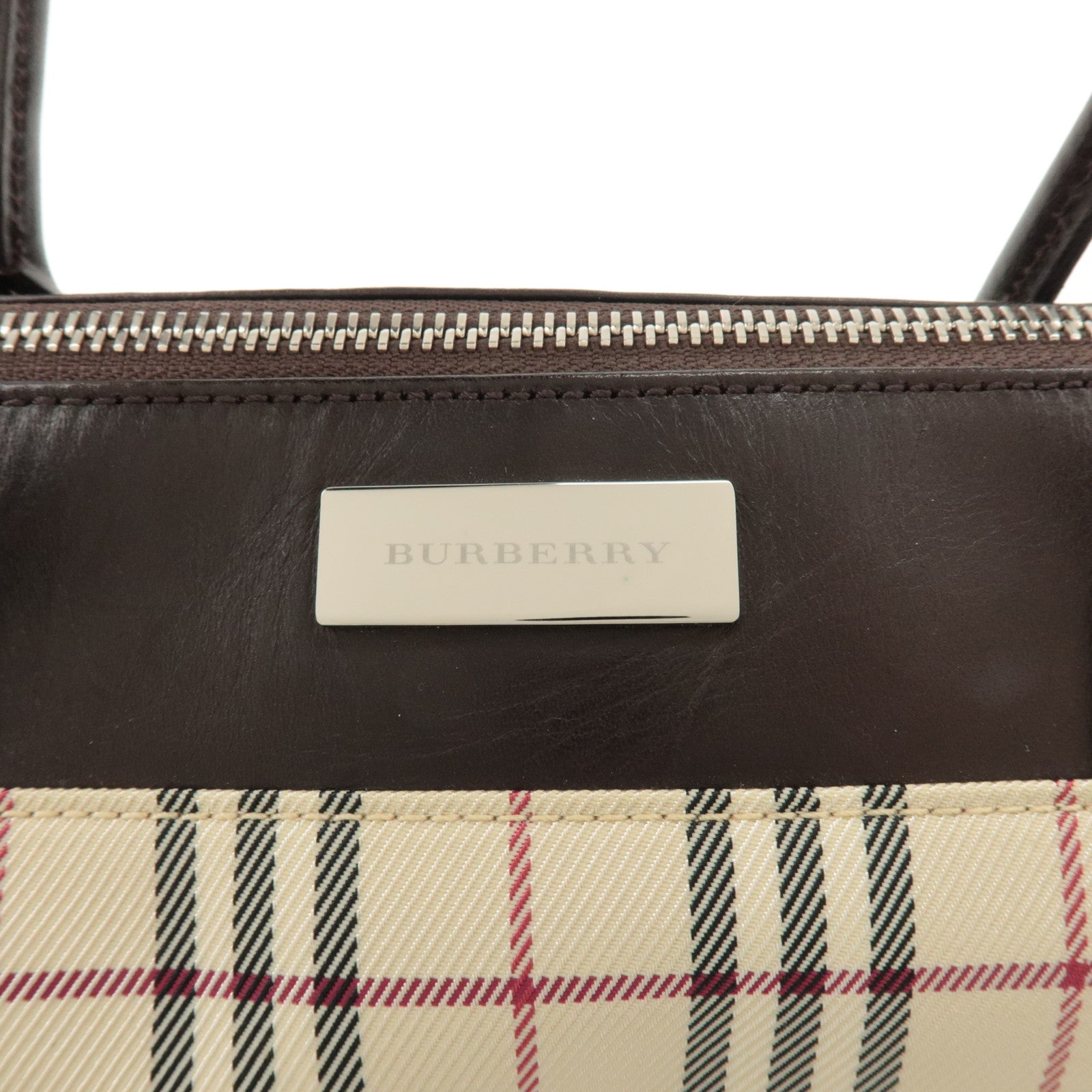 BURBERRY Leather Canvas Hand Bag Nova Plaid Beige Brown Used