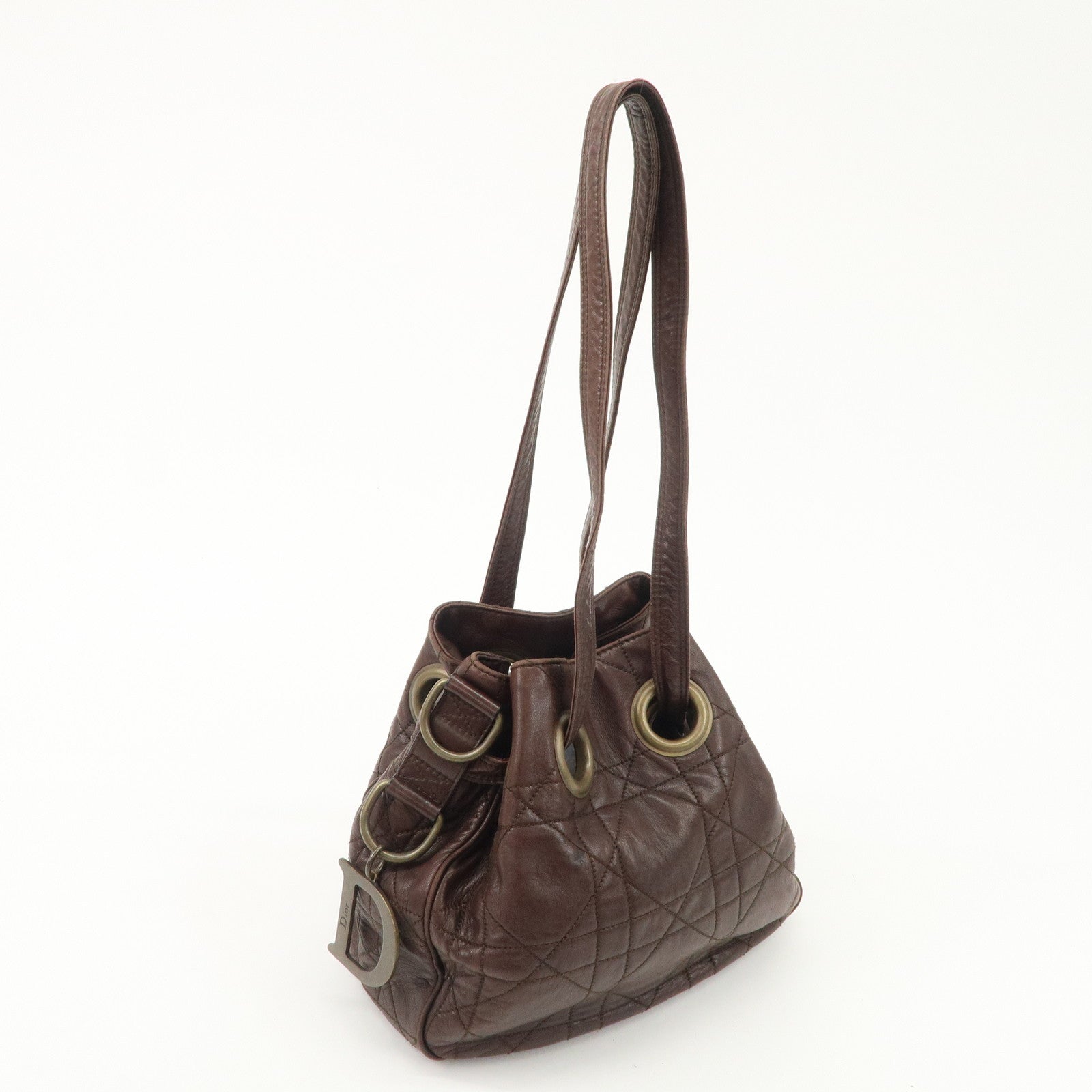 Christian Dior Canage Leather Shoulder Bag Dark Brown Gold Hardware Used