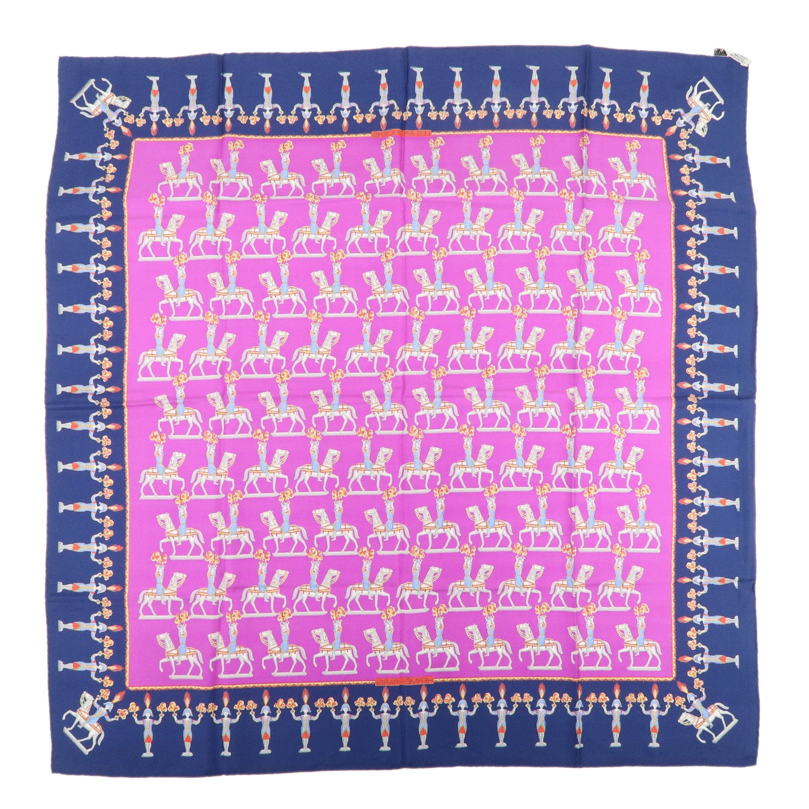 HERMES Carre 90 Silk 100% Scarf Les Artificiers Navy Purple