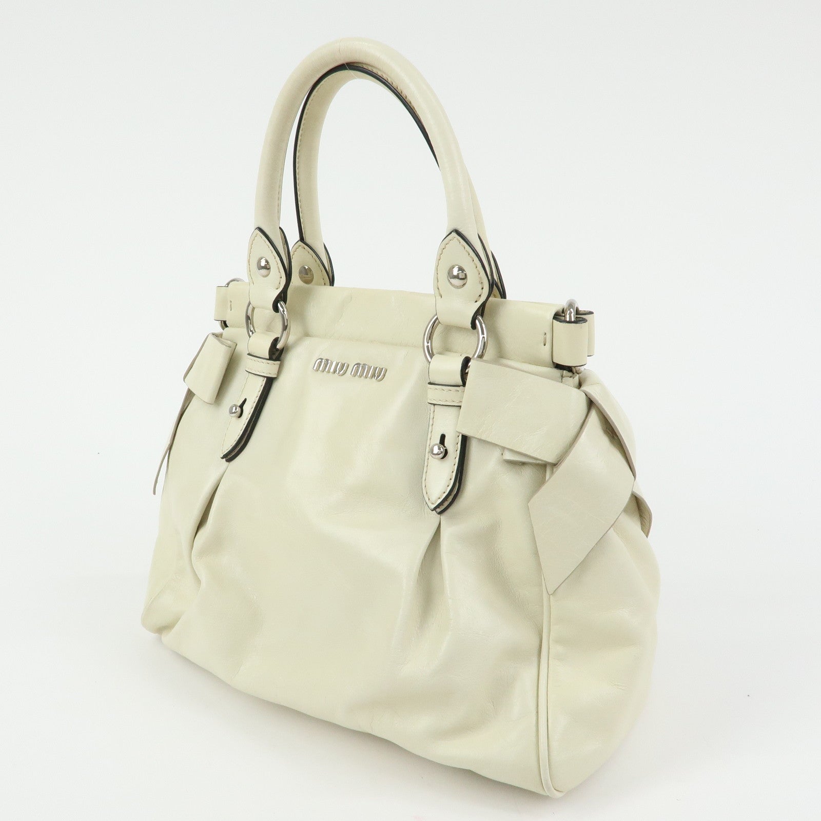 MIU MIU Logo Side Ribbon Leather 2Way Hand Bag Shoulder Bag Ivory