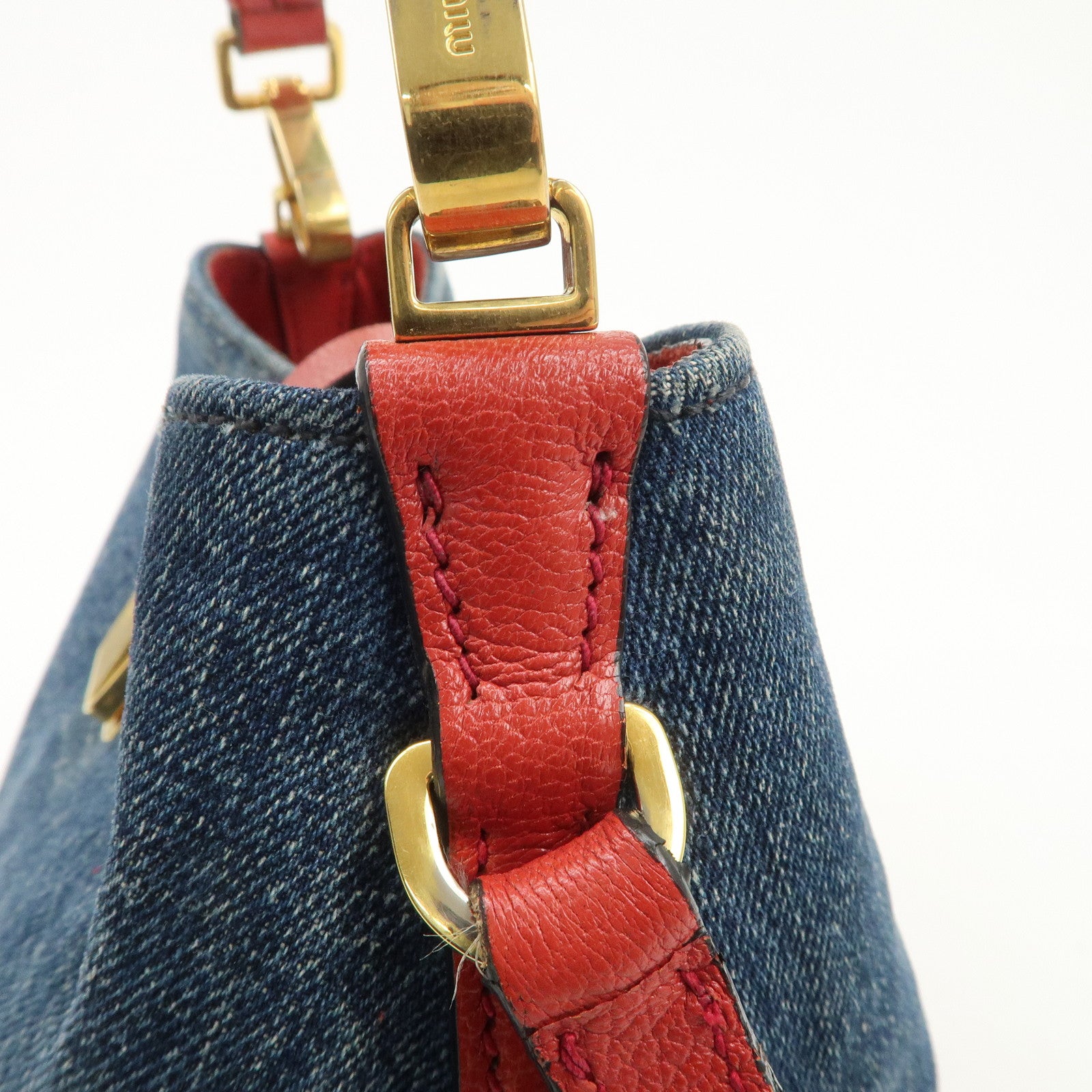 MIU MIU Madras Leather Denim 2Way Bag Shoulder Bag Red RR1951 Used