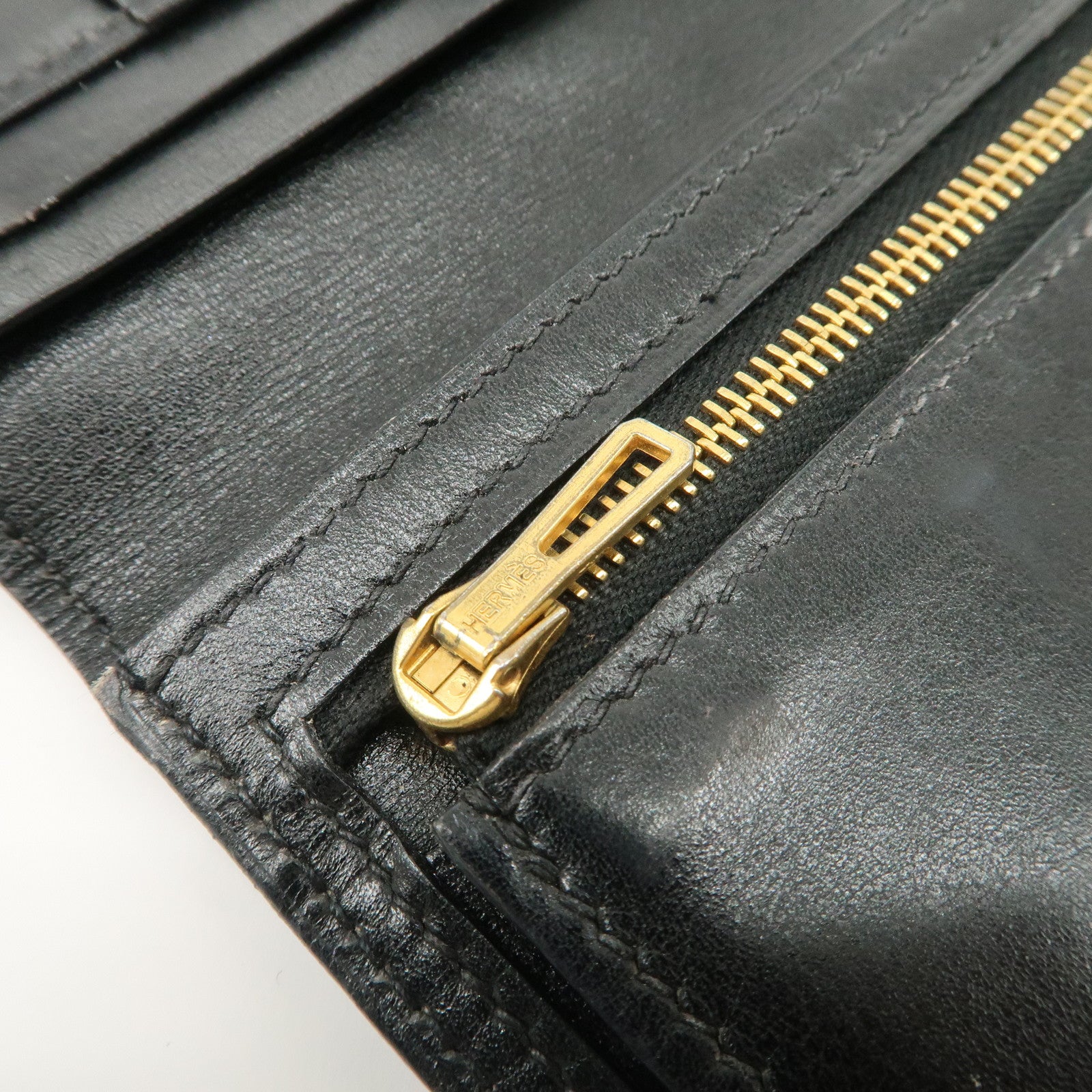 HERMES Bearn Leather Long Wallet H Stamped Black Gold HDW Used
