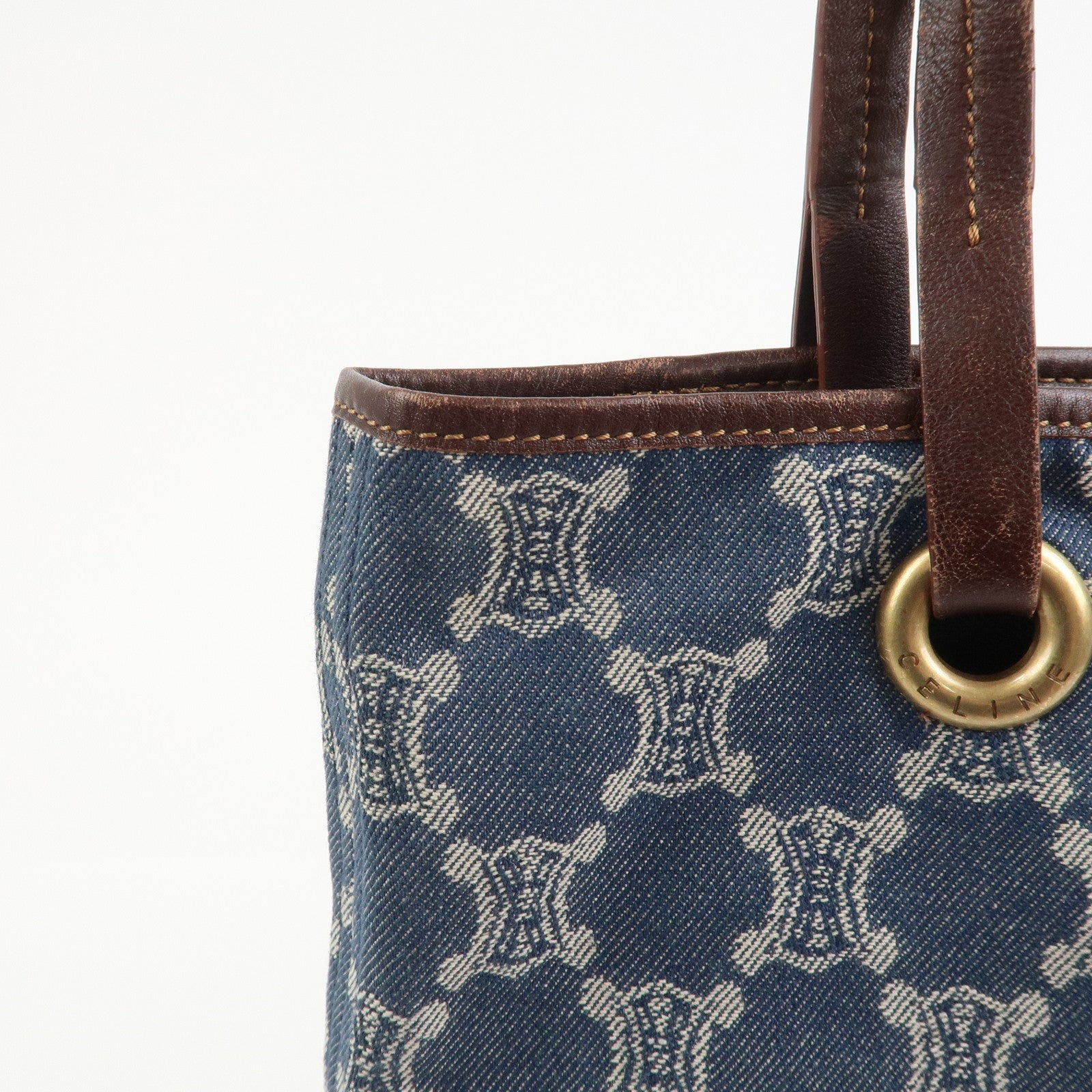 CELINE Macadam Denim Leather Tote Bag Shoulder Bag Blue Brown