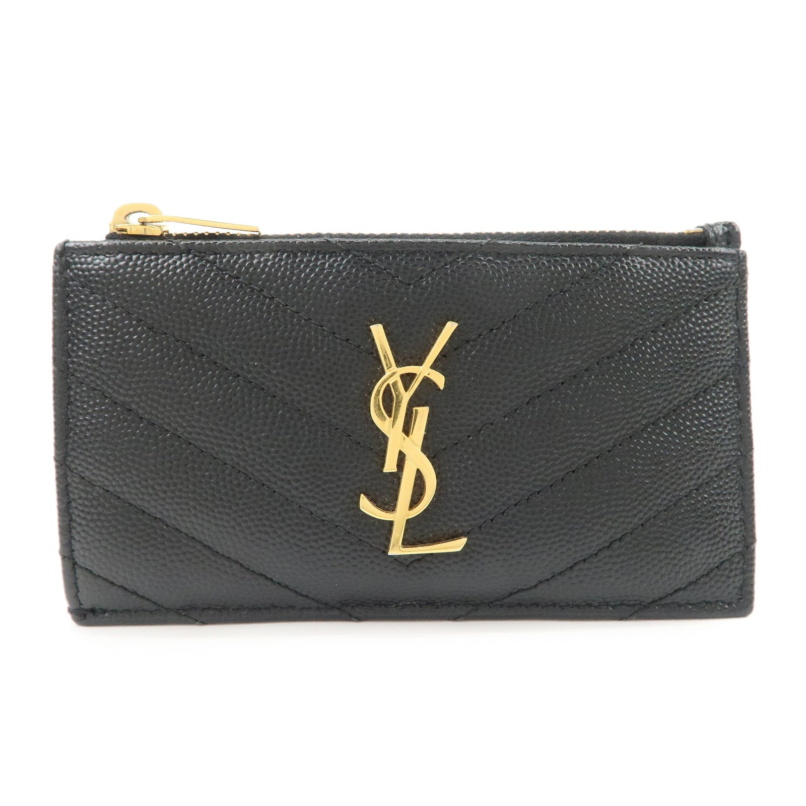 SAINT LAURENT Leather Card Case Black Gold Hardware