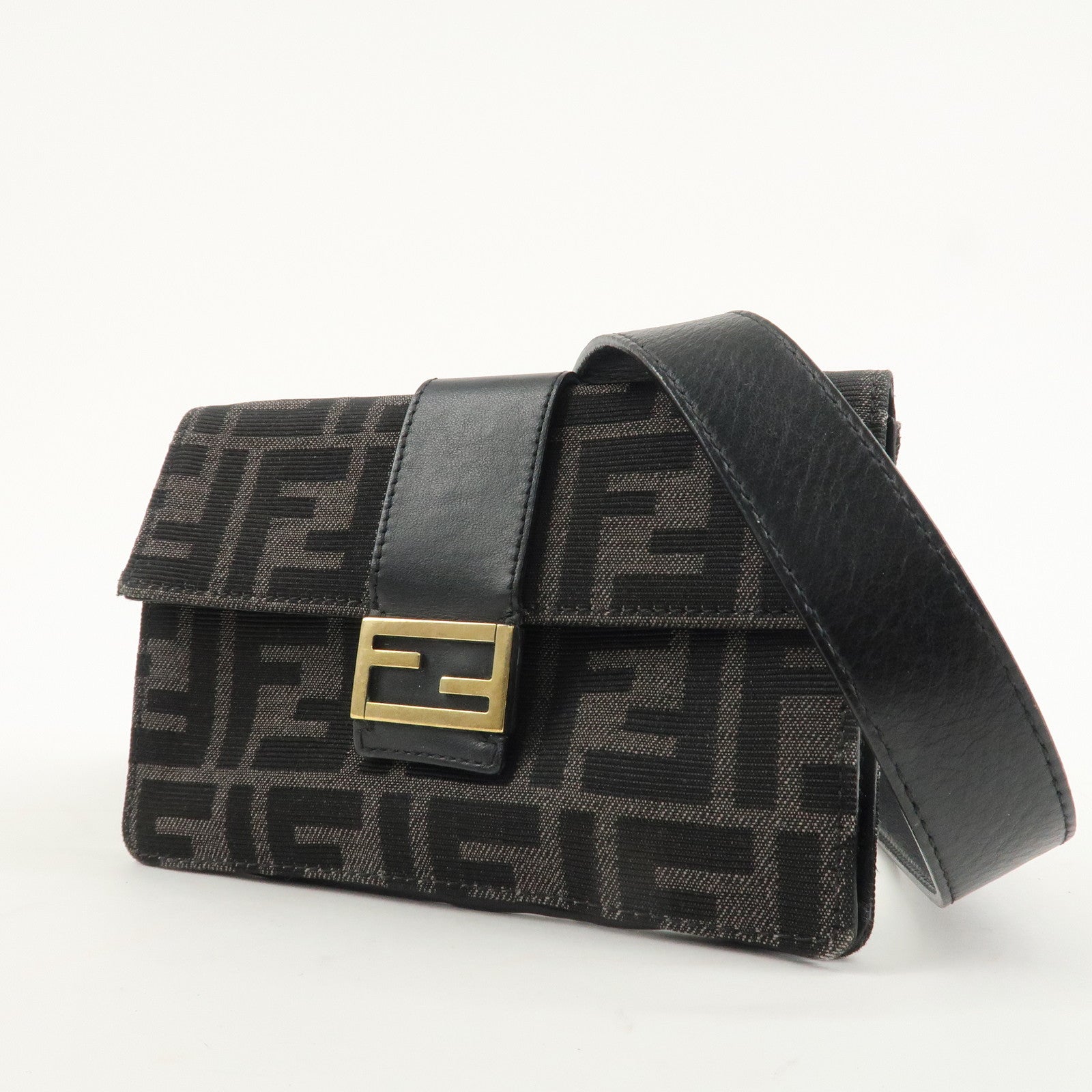 FENDI Zucca Leather Canvas Baguette Slim Clutch Bag Black 7M0295 Used
