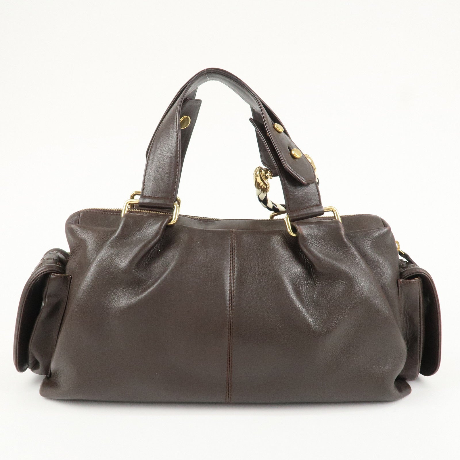 BVLGARI Leoni Leather Hand Bag Boston Bag Brown Gold Hardware Used