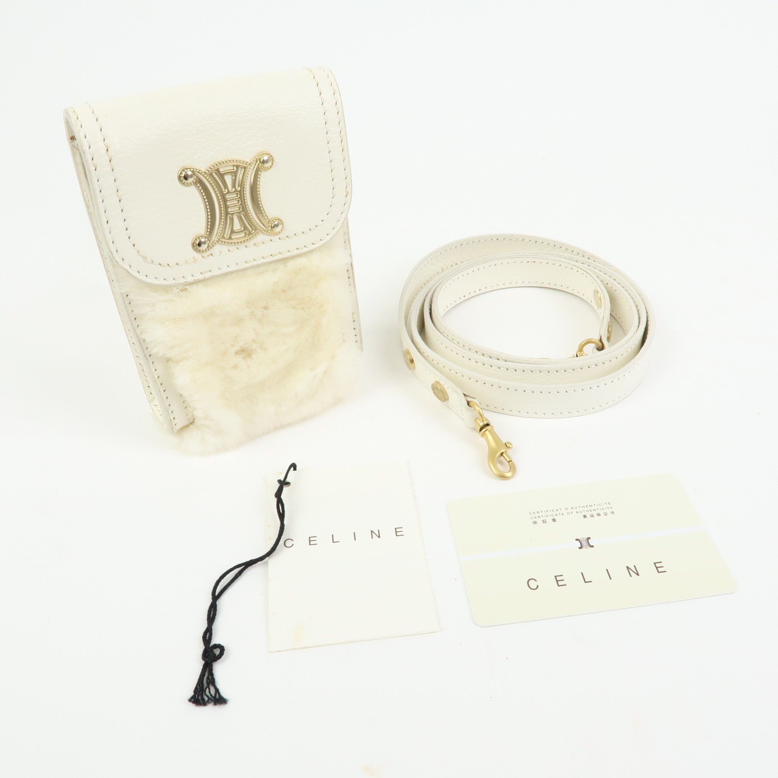 CELINE Triomphe Leather Lapin Fur Shoulder Bag Crossbody Bag Ivory