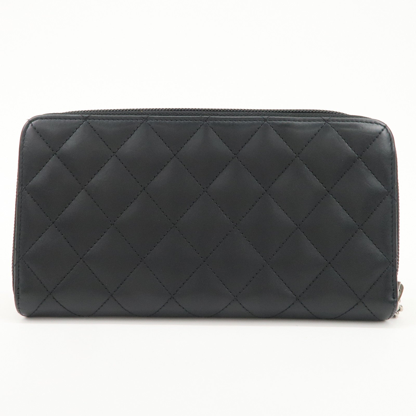 CHANEL Cambon Line Lamb Skin Round Zippy Long Wallet Black A50078 Used