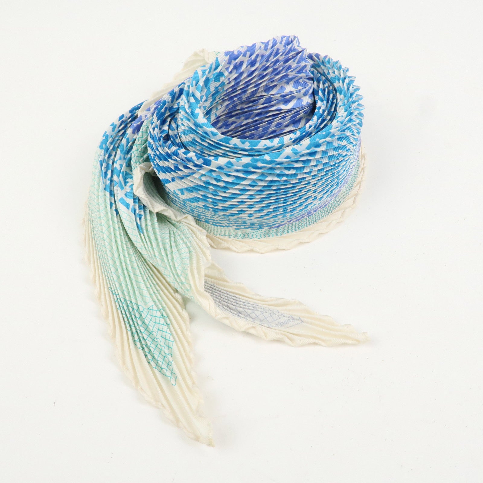 HERMES Pleated Carré Scarf Silk 100% H Logo Blue