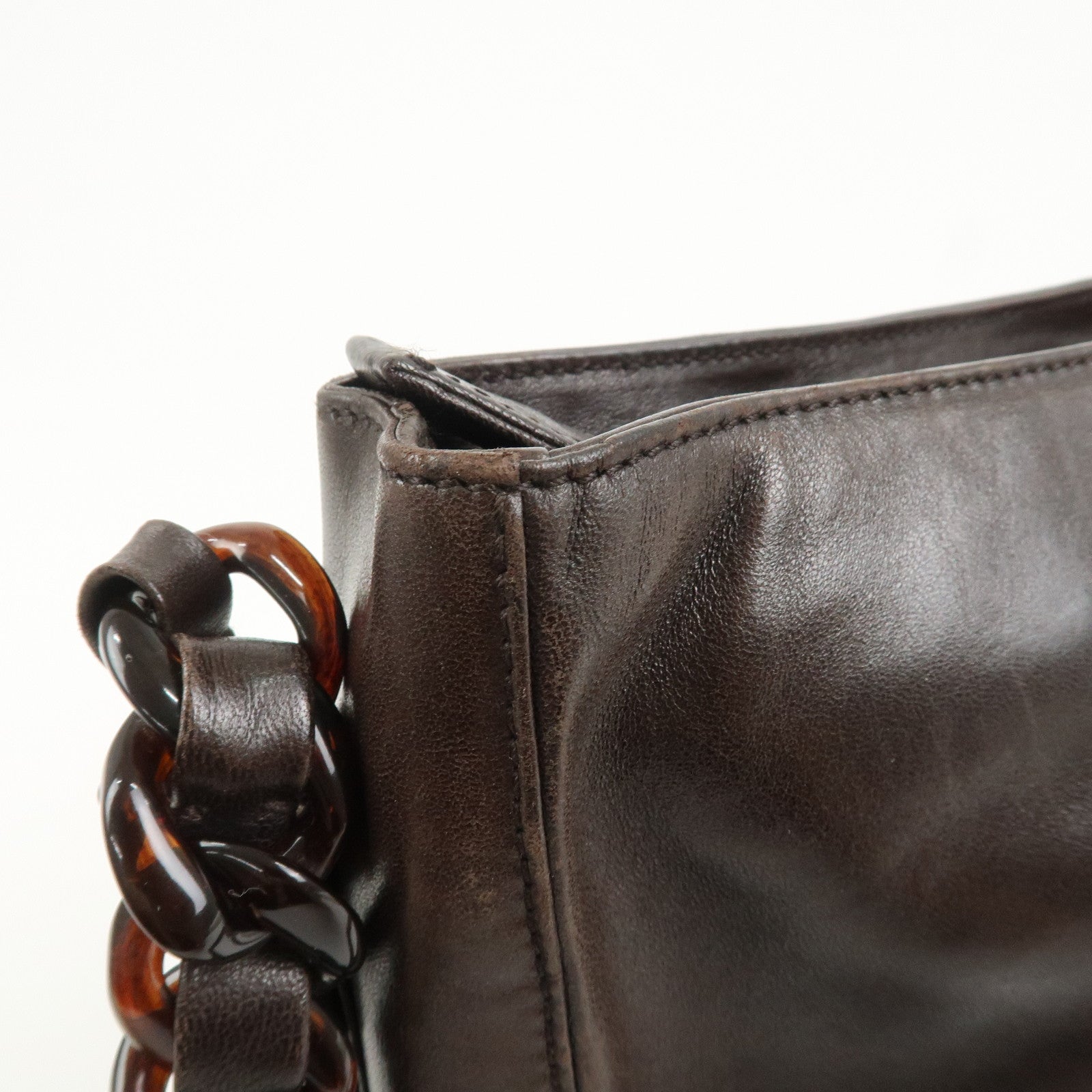 PRADA Logo Suede Leather Plastic Chain Shoulder Bag Brown