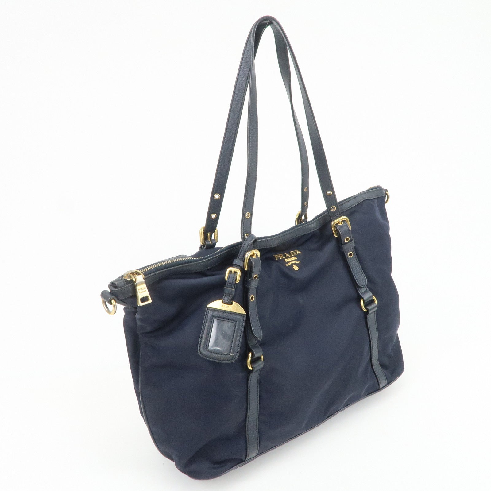 PRADA Nylon Saffiano Leather Shoulder Bag Tote Bag Navy