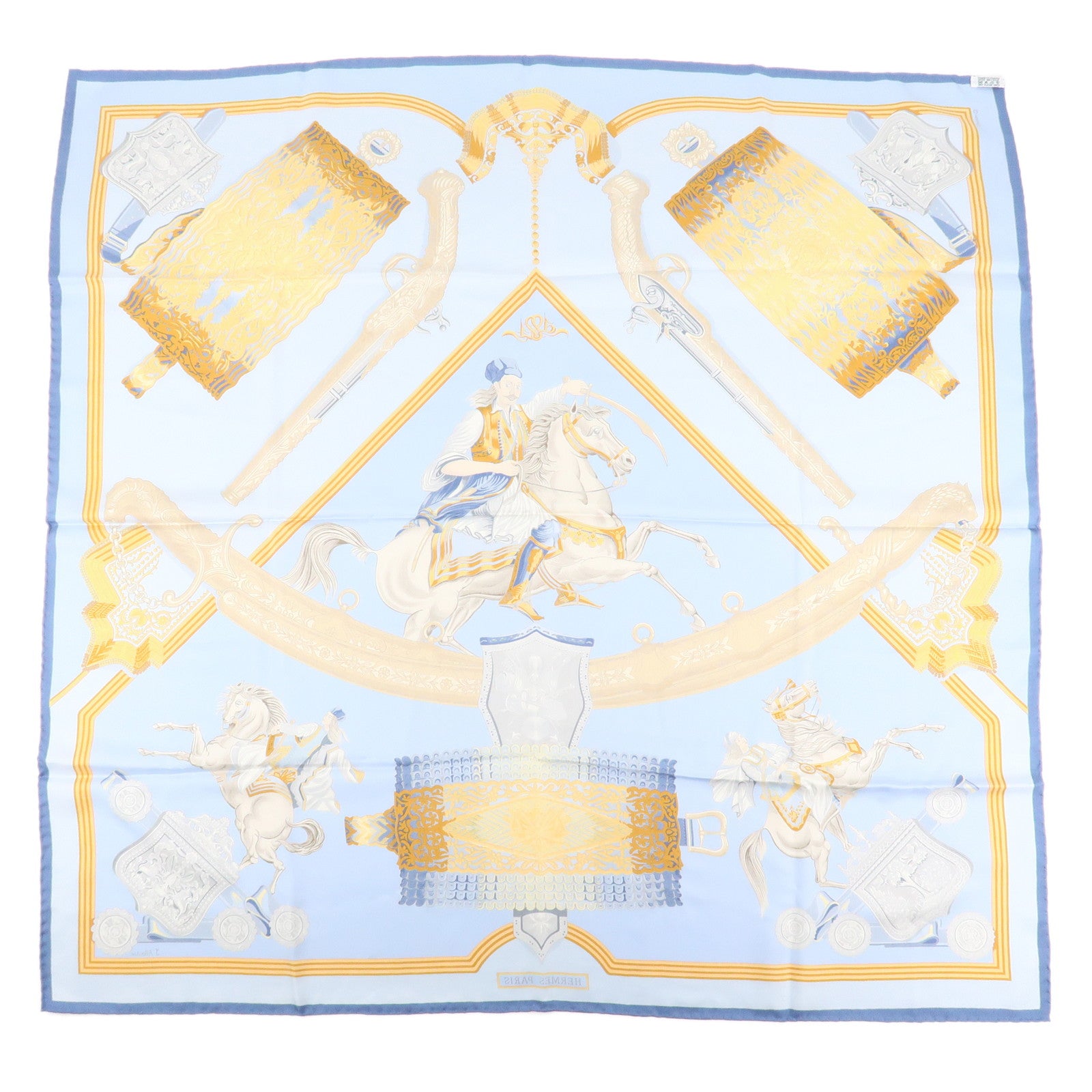 HERMES Carre 90 Silk 100% Scarf Cavaliers ottomans Light Blue Used