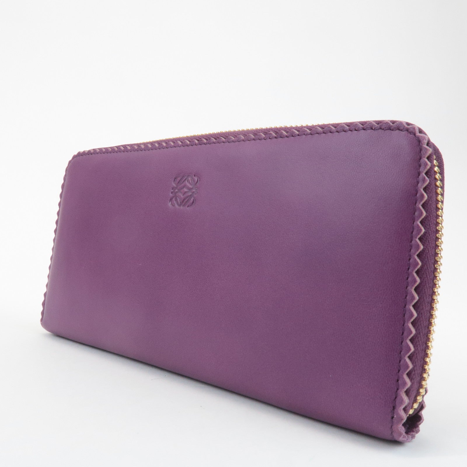 LOEWE Anagram Leather Round Zippy Long Wallet Purple Gold HDW Used