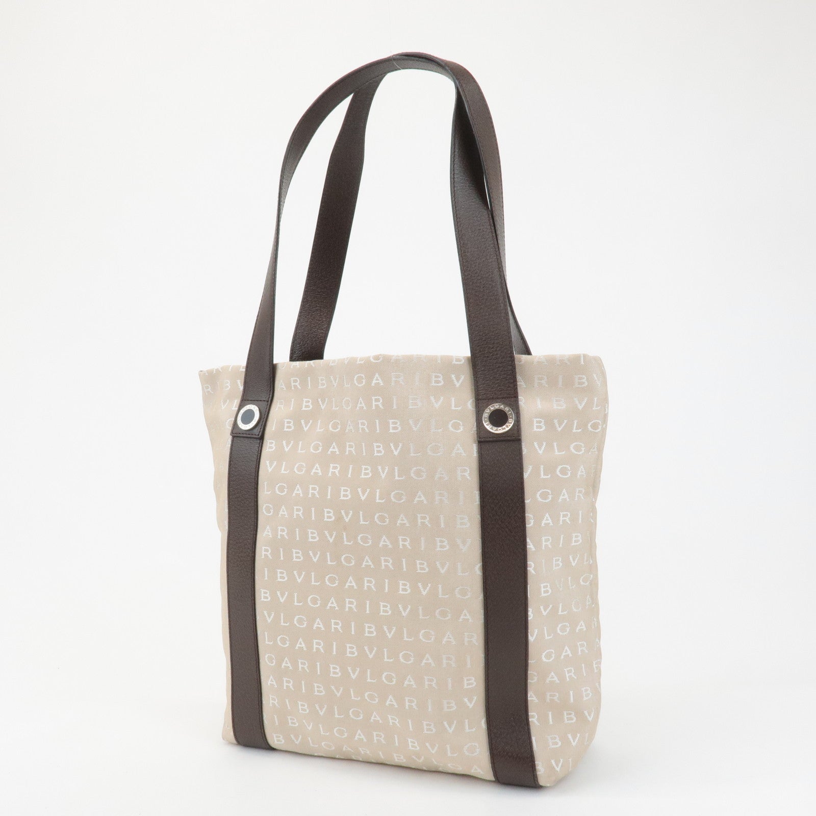 BVLGARI Logomania Canvas Leather Tote Bag Shoulder Bag Beige Dark Brown Used