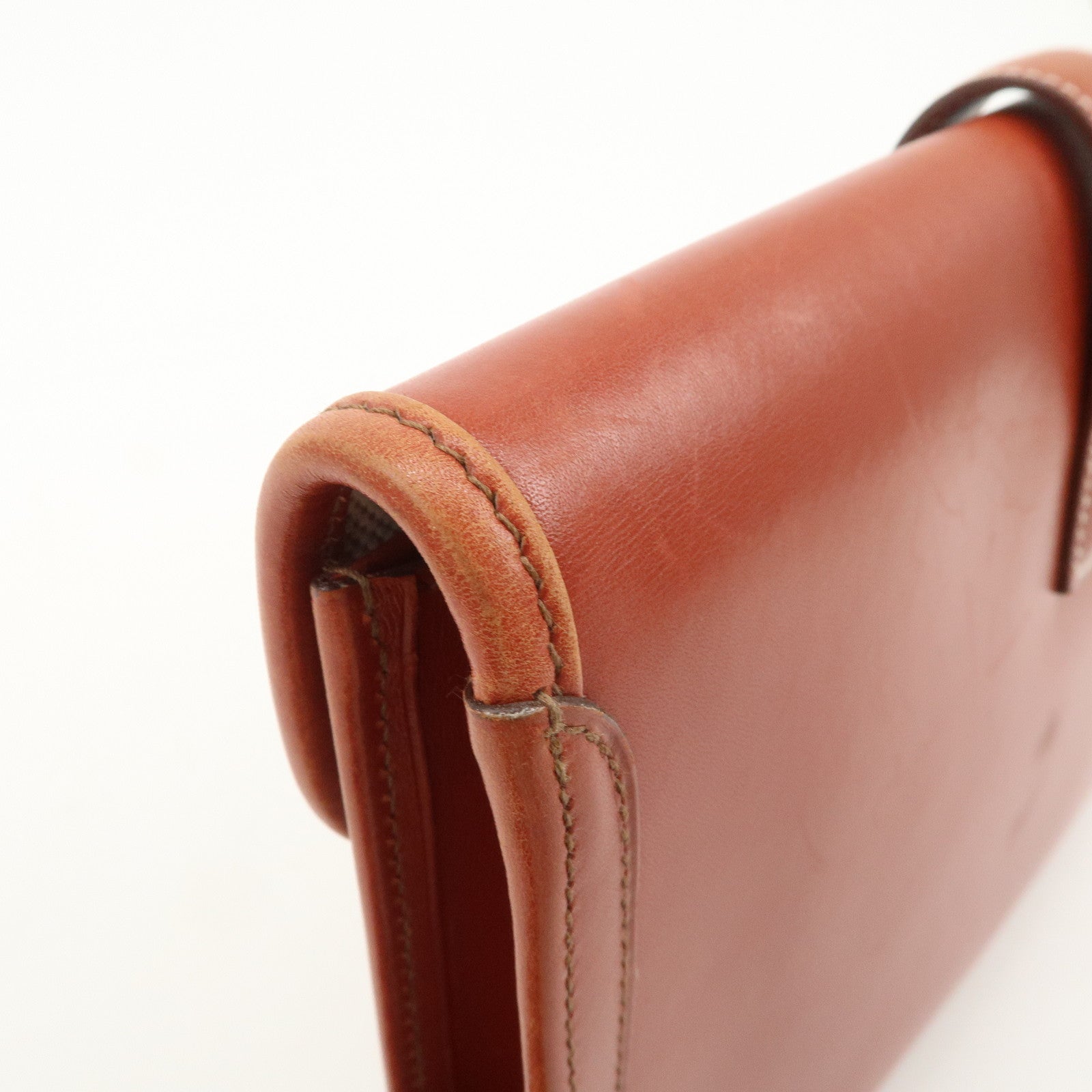 HERMES Box Calf Leather Jige PM □C Stamped Clutch Bag Brown