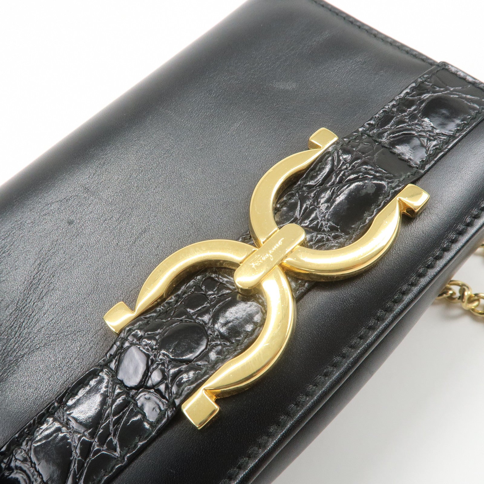 Ferragamo Gancini Embossed Leather Chain Shoulder Bag Black