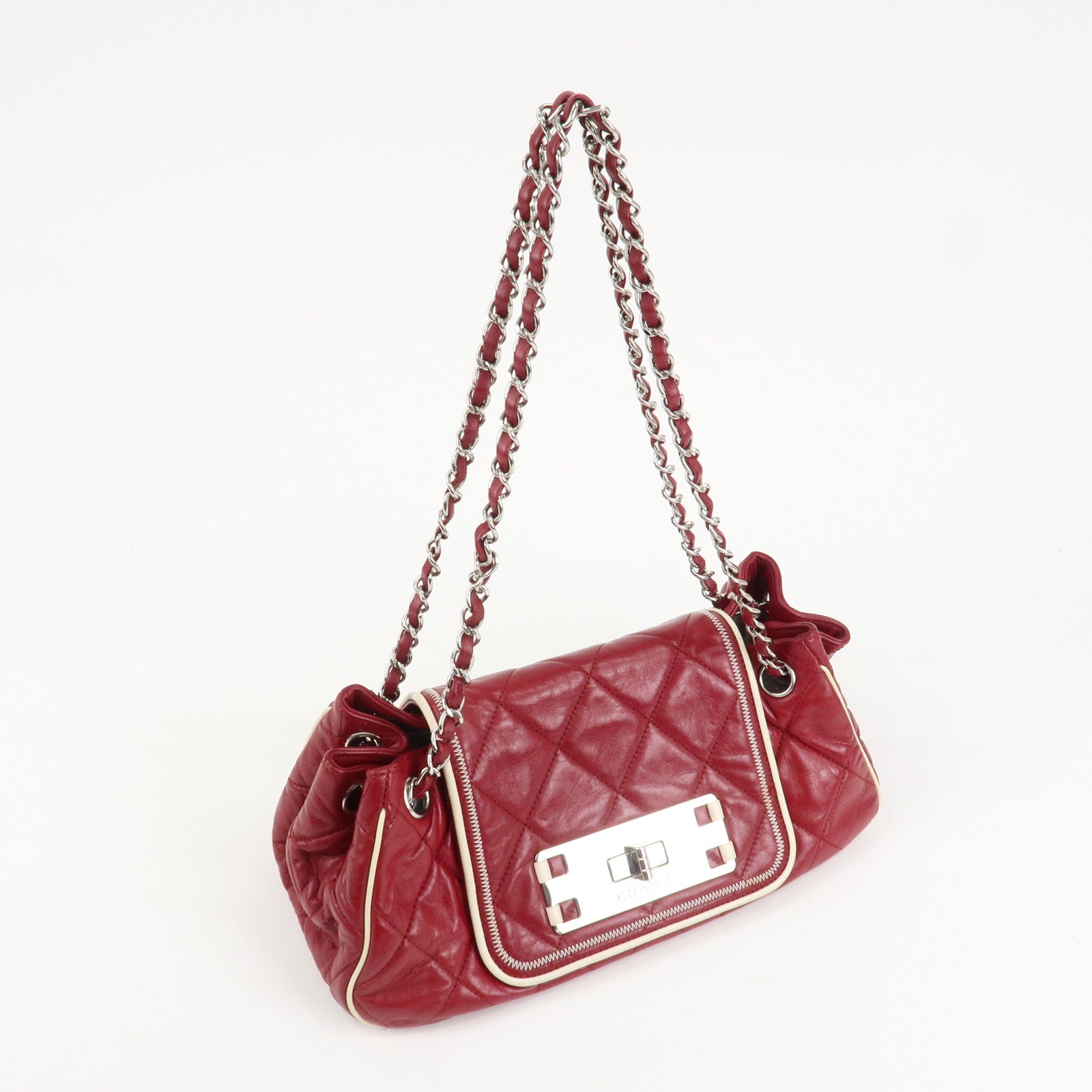 CHANEL 2.55 Lamb Skin Leather Chain Shoulder Bag Red Used